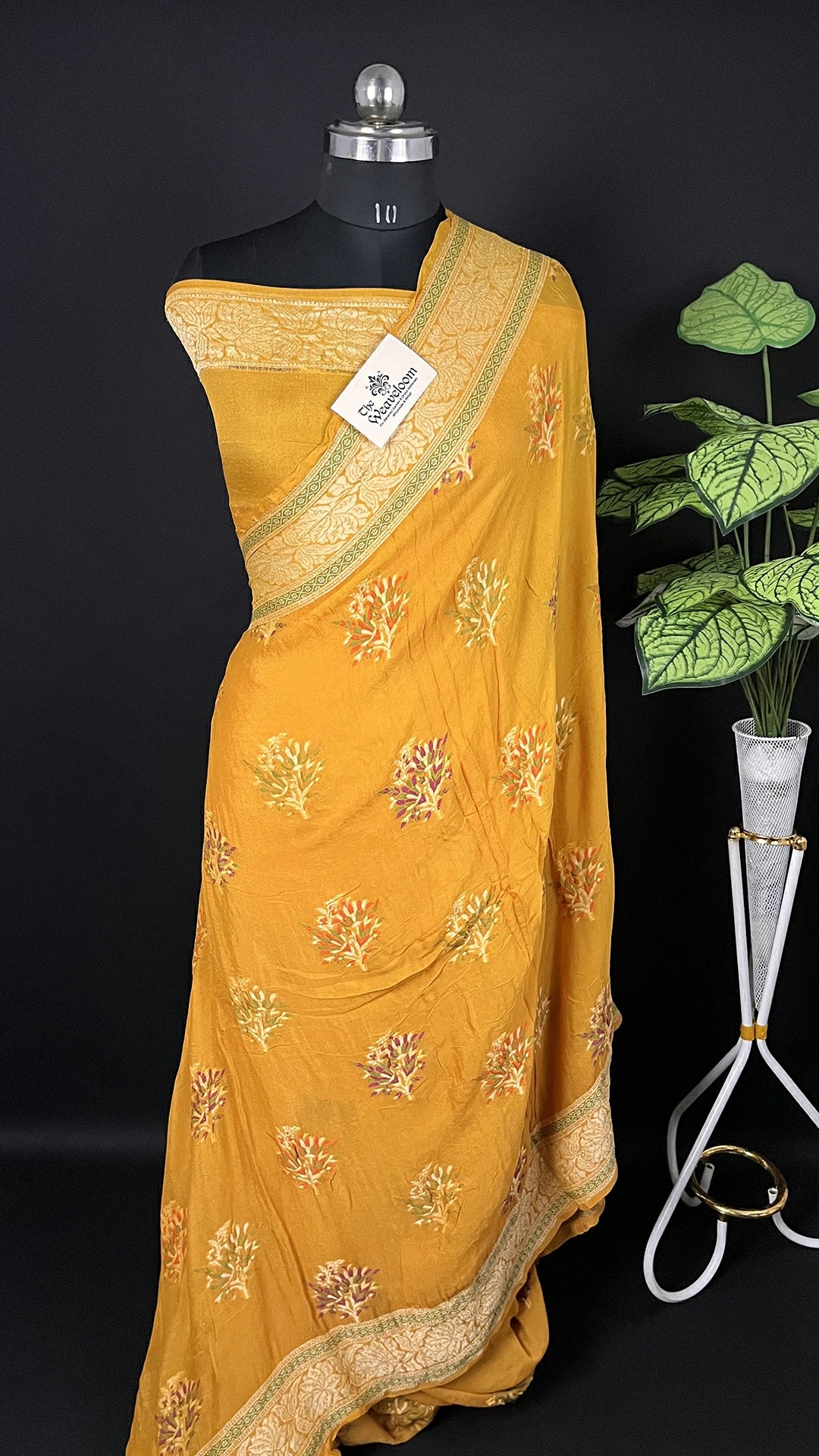 Mustard Floral Meenakari Crepe Georgette Pure Banarasi Saree with Golden Zari Border by The Weaveloom