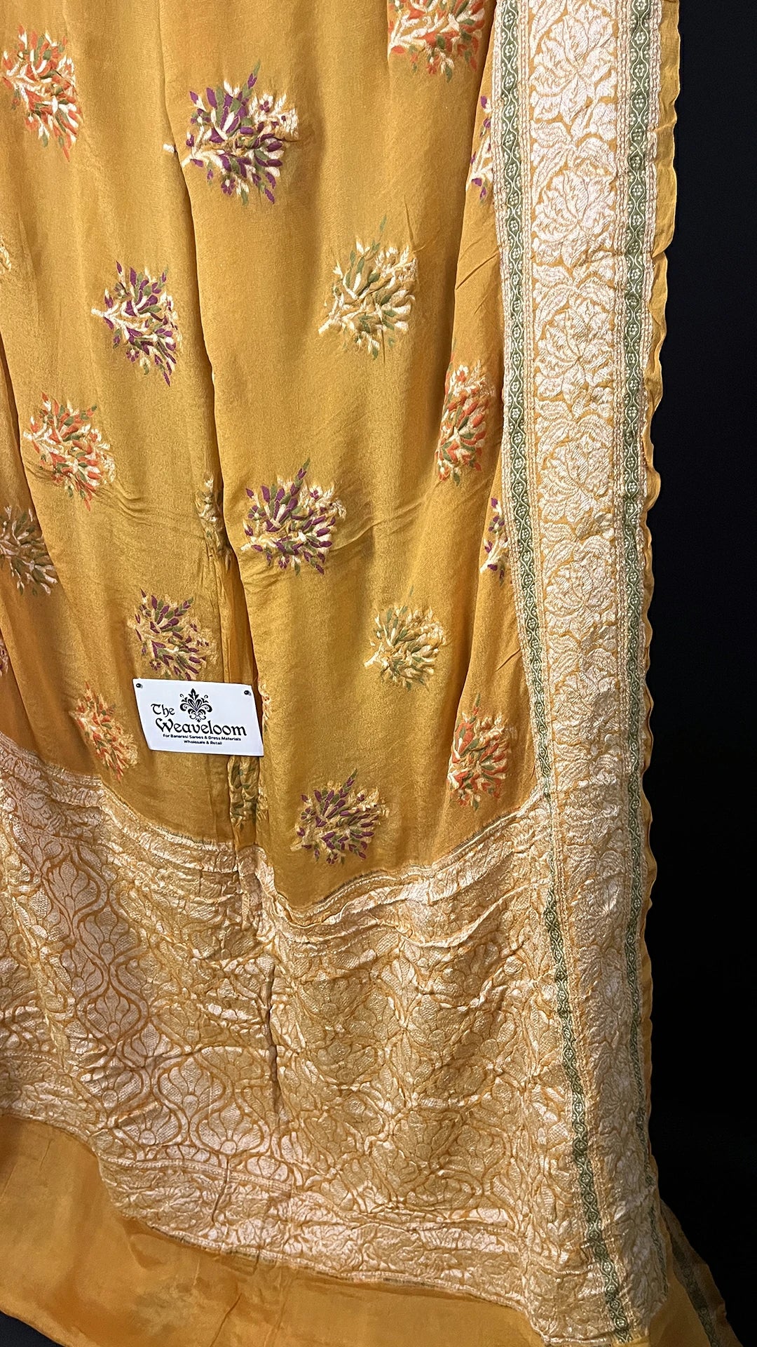 Mustard Floral Meenakari Crepe Georgette Pure Banarasi Saree with Golden Zari Border by The Weaveloom