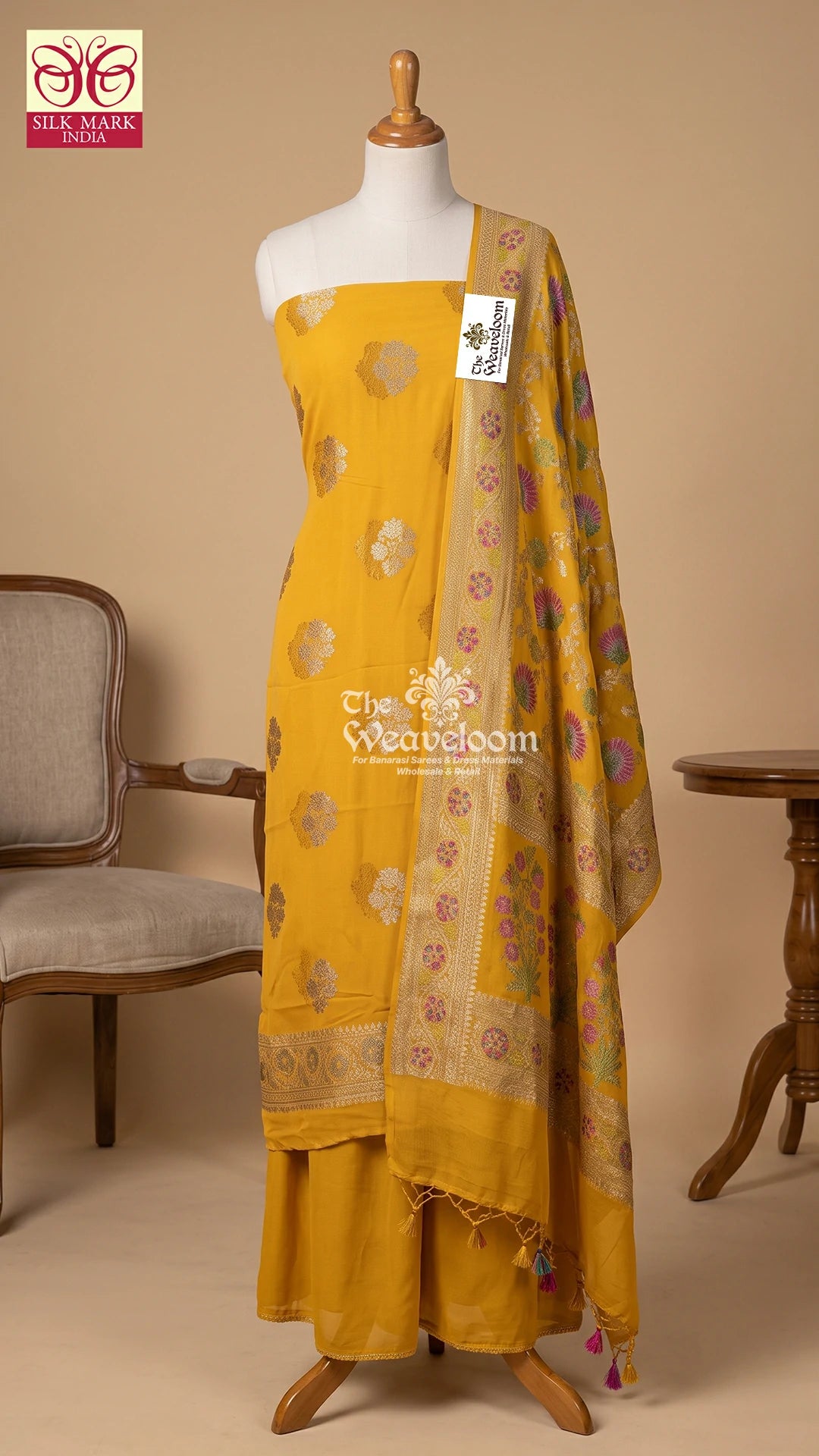 Mustard Gold Floral Buta Khaddi Georgette Pure Banarasi Dress Material with Handbrush Work by The Weaveloom