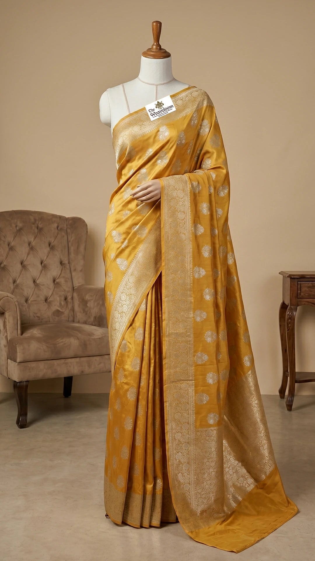 Mustard Gold Floral Buti Pure Dupion Silk Banarasi Saree by The Weaveloom with silver butis and gold jaal pallu