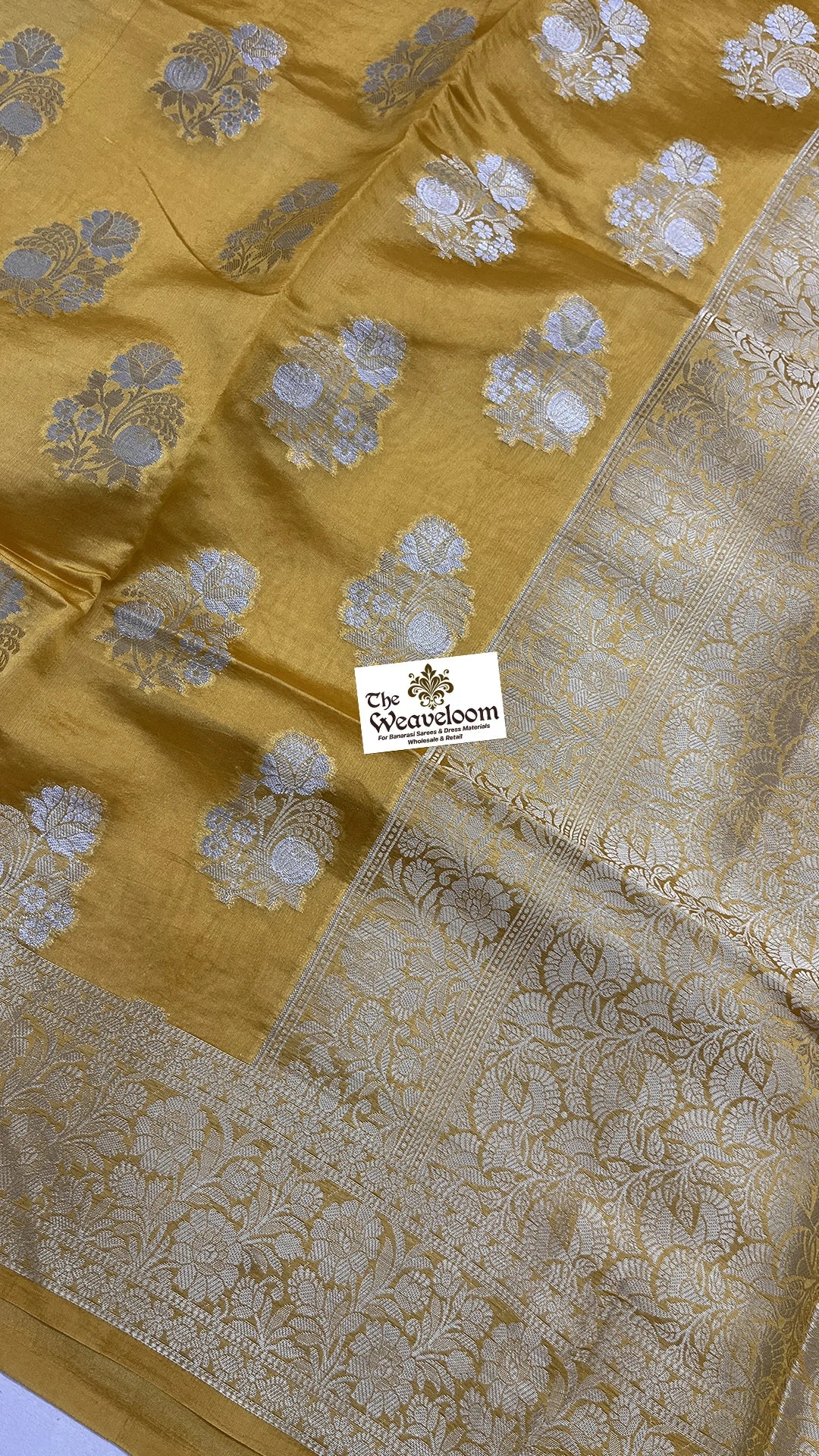 Mustard Gold Floral Buti Pure Dupion Silk Banarasi Saree by The Weaveloom with silver butis and gold jaal pallu