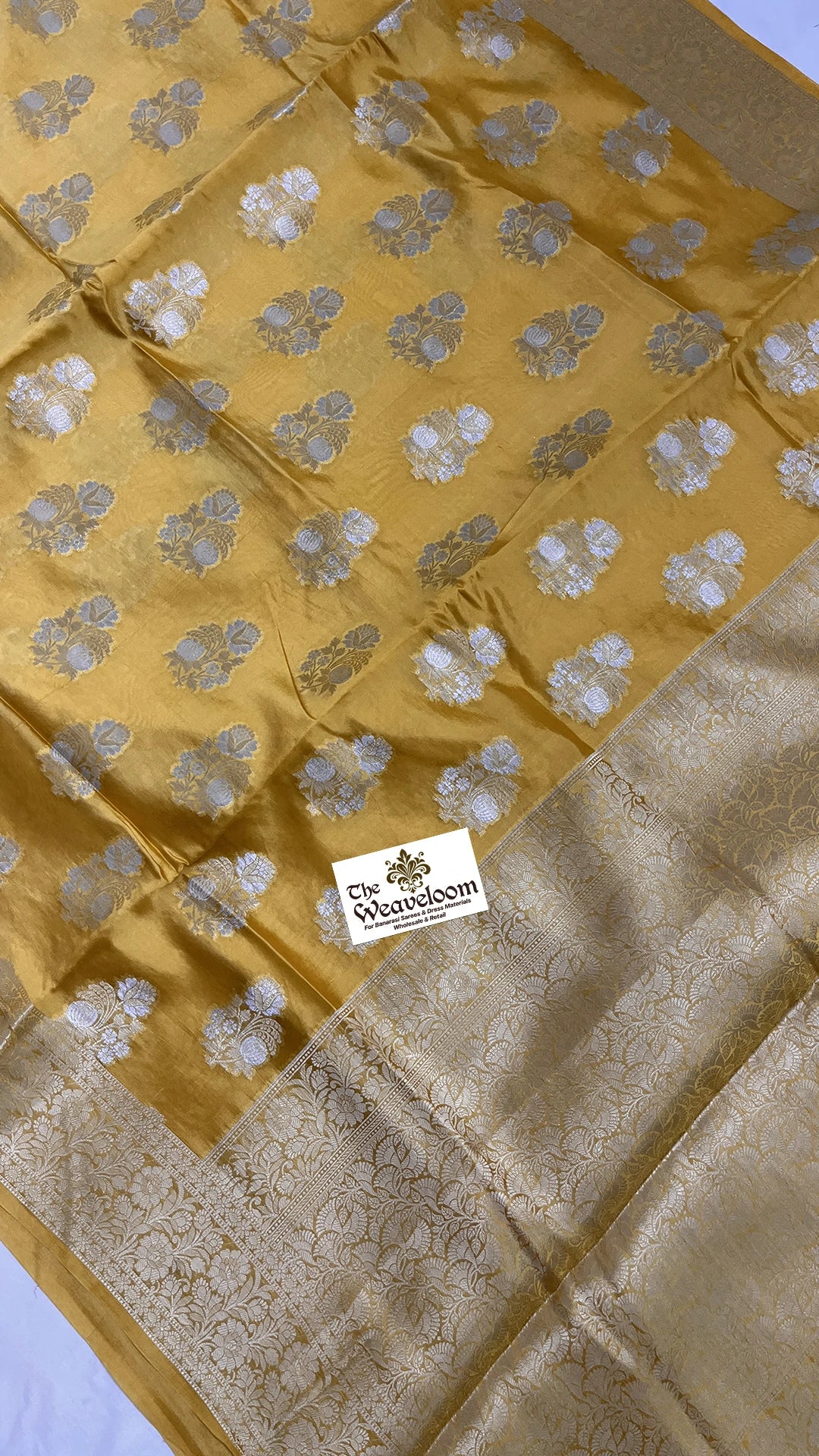 Mustard Gold Floral Buti Pure Dupion Silk Banarasi Saree by The Weaveloom with silver butis and gold jaal pallu