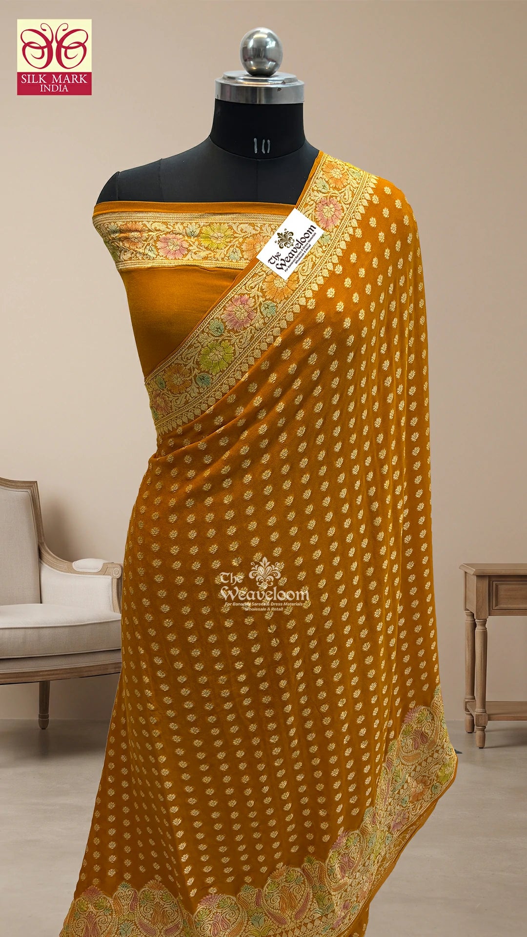 Mustard Gold Kalamkari Booti Pure Banarasi Saree in Crepe Georgette by The Weaveloom