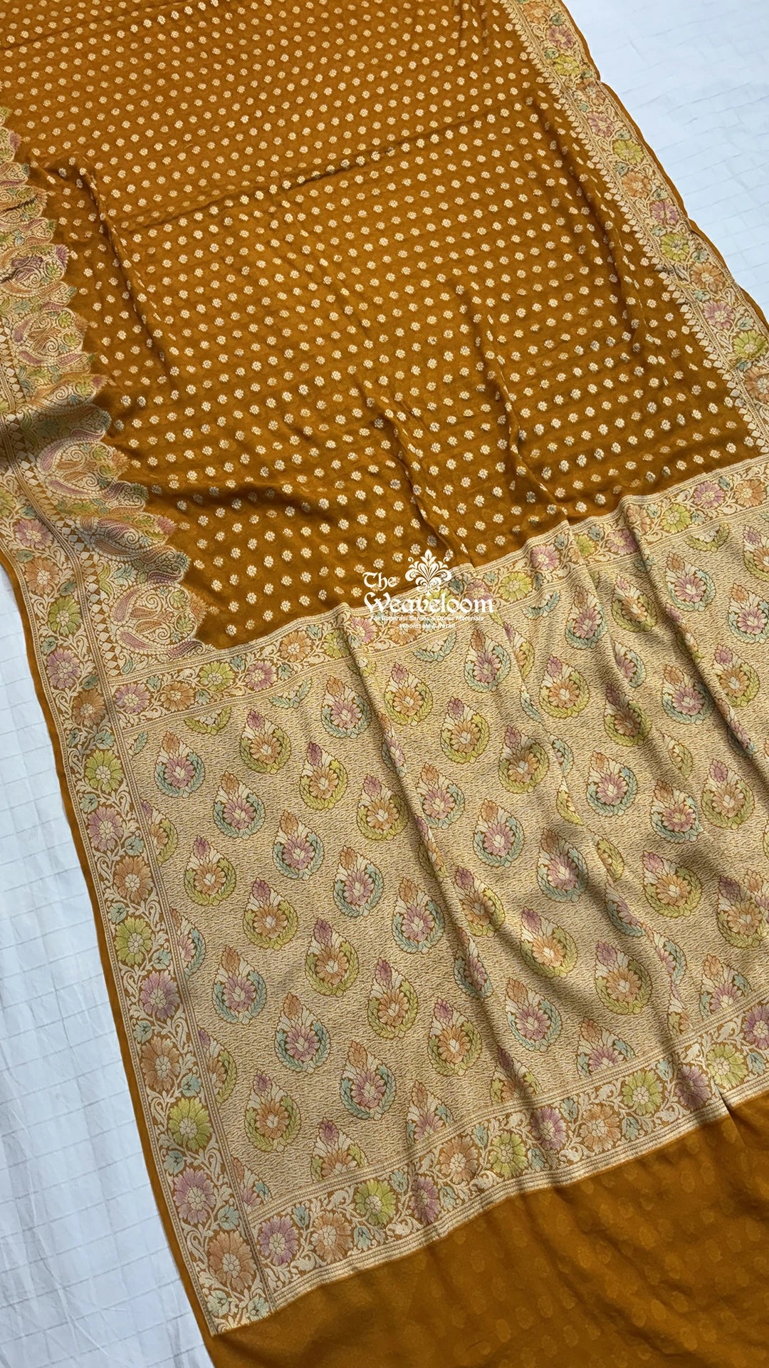 Mustard Gold Kalamkari Booti Pure Banarasi Saree in Crepe Georgette by The Weaveloom