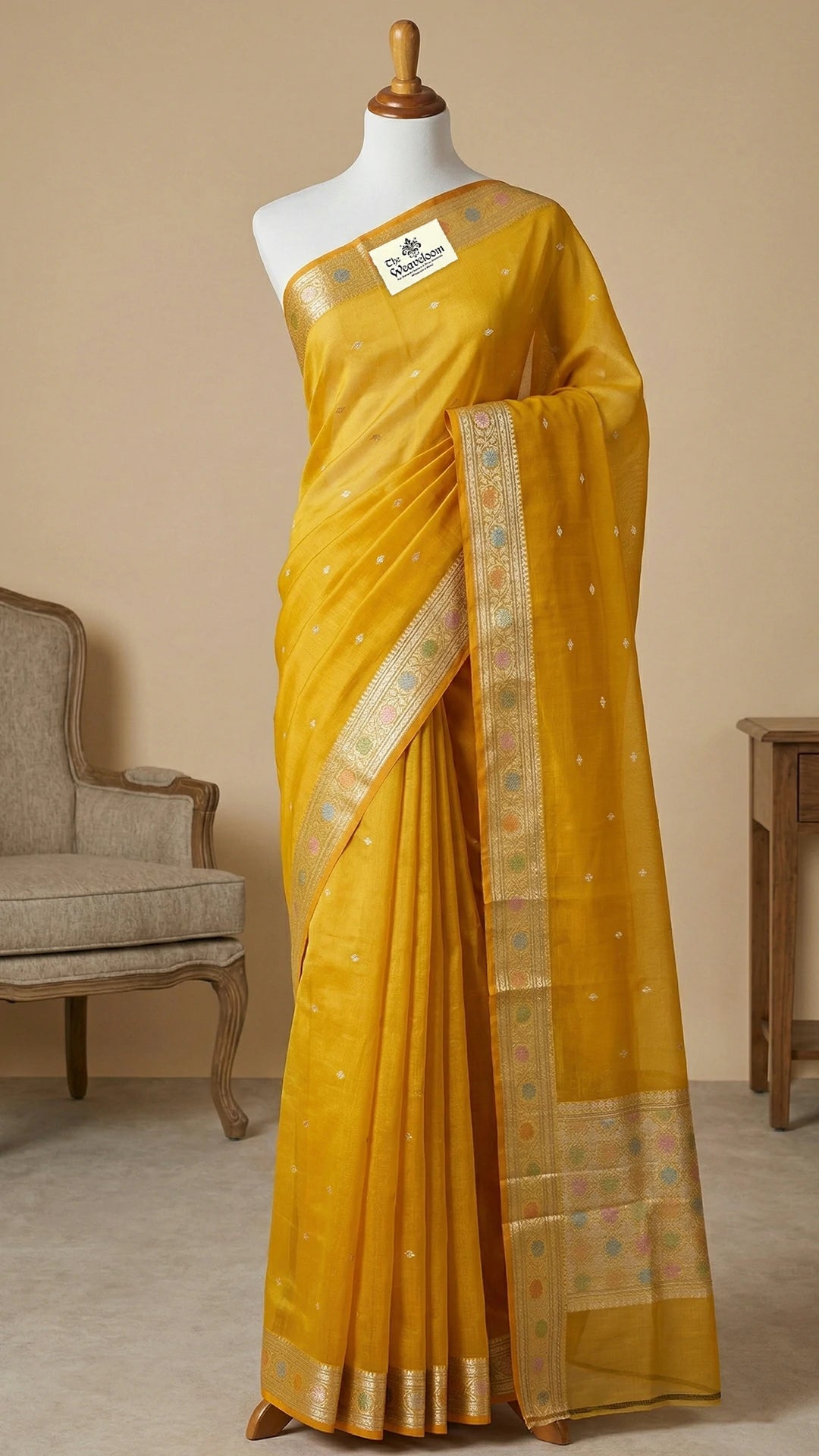 Mustard Kora Silk Pure Banarasi Handloom Saree with Golden Zari Buti and Multicolor Border The Weaveloom
