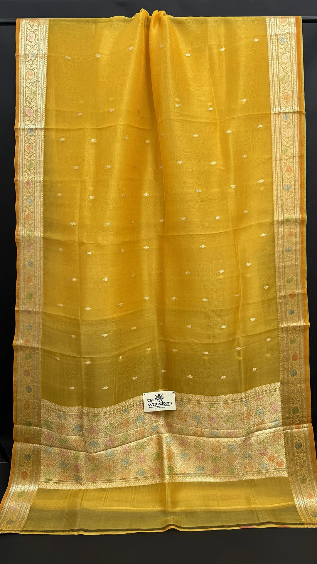 Mustard Kora Silk Pure Banarasi Handloom Saree with Golden Zari Buti and Multicolor Border The Weaveloom