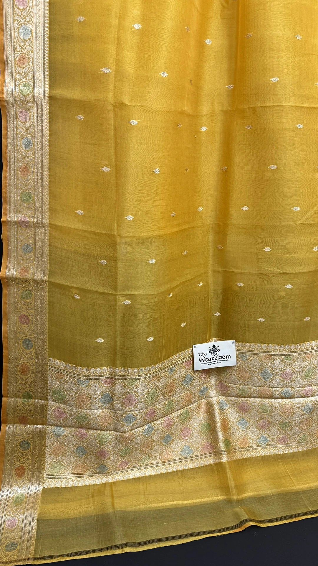 Mustard Kora Silk Pure Banarasi Handloom Saree with Golden Zari Buti and Multicolor Border The Weaveloom