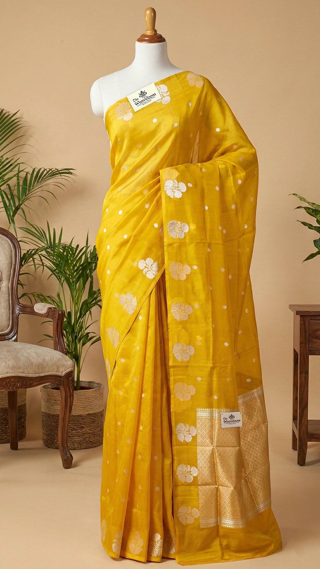 Mustard kora silk pure handloom Banarasi saree with sona rupa zari floral buti by The Weaveloom