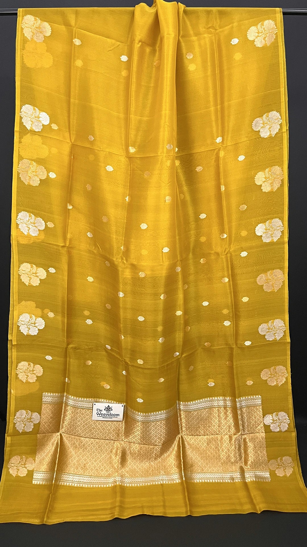 Mustard kora silk pure handloom Banarasi saree with sona rupa zari floral buti by The Weaveloom