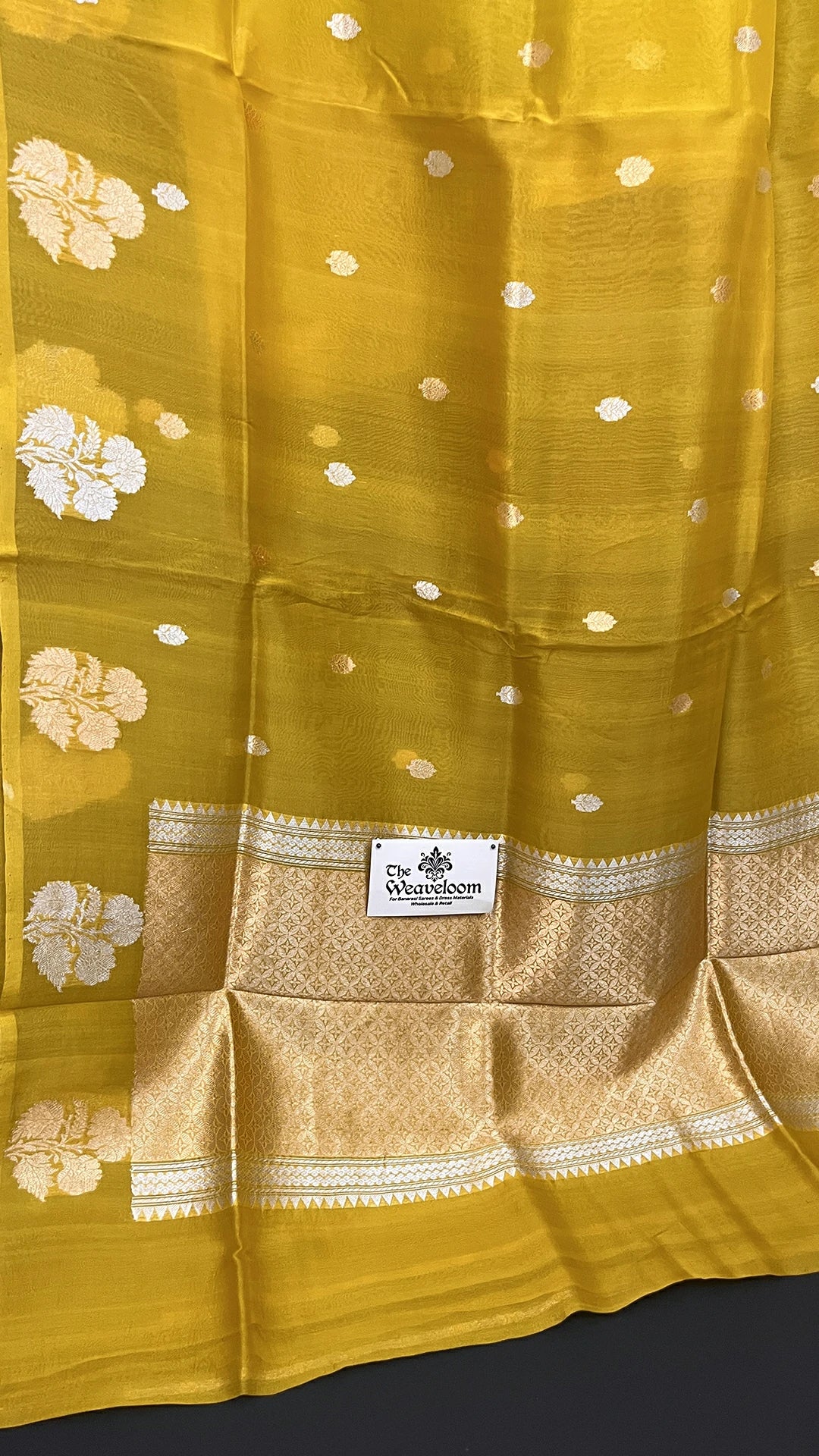 Mustard kora silk pure handloom Banarasi saree with sona rupa zari floral buti by The Weaveloom