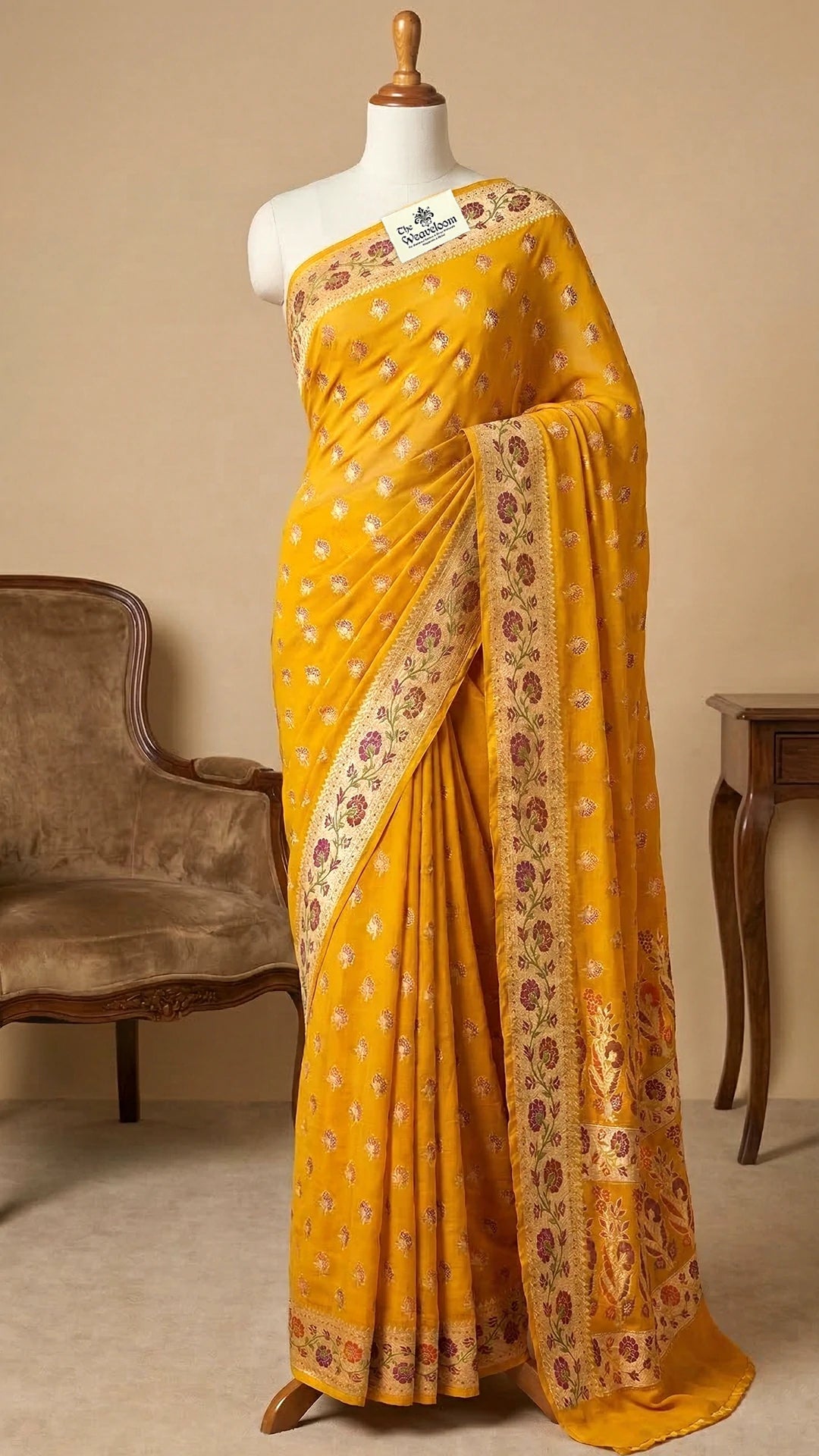 Mustard Meenakari Floral Pure Crepe Georgette Banarasi Saree with Golden Zari by The Weaveloom