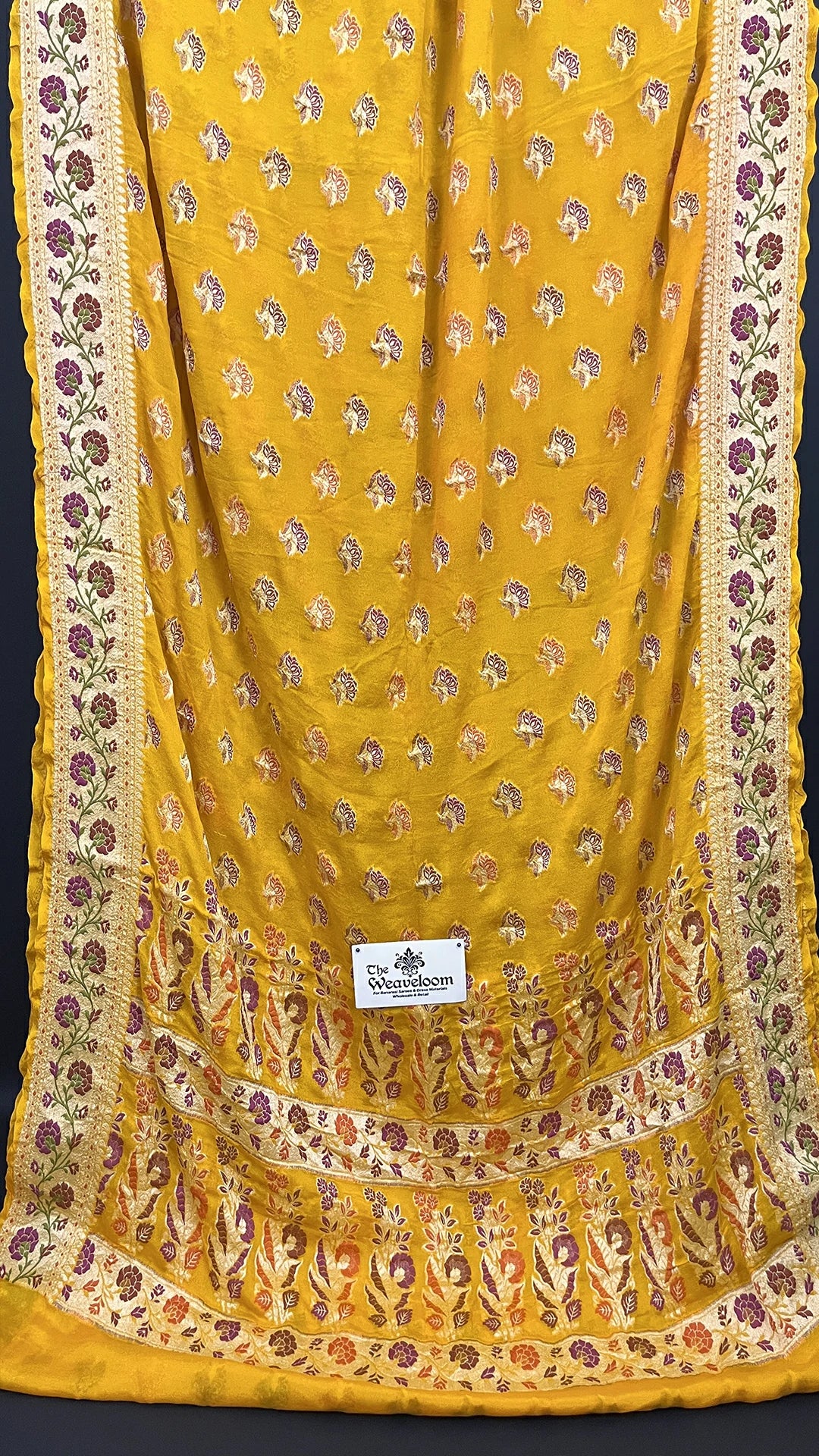 Mustard Meenakari Floral Pure Crepe Georgette Banarasi Saree with Golden Zari by The Weaveloom