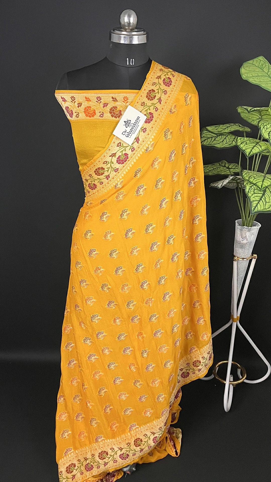 Mustard Meenakari Floral Pure Crepe Georgette Banarasi Saree with Golden Zari by The Weaveloom