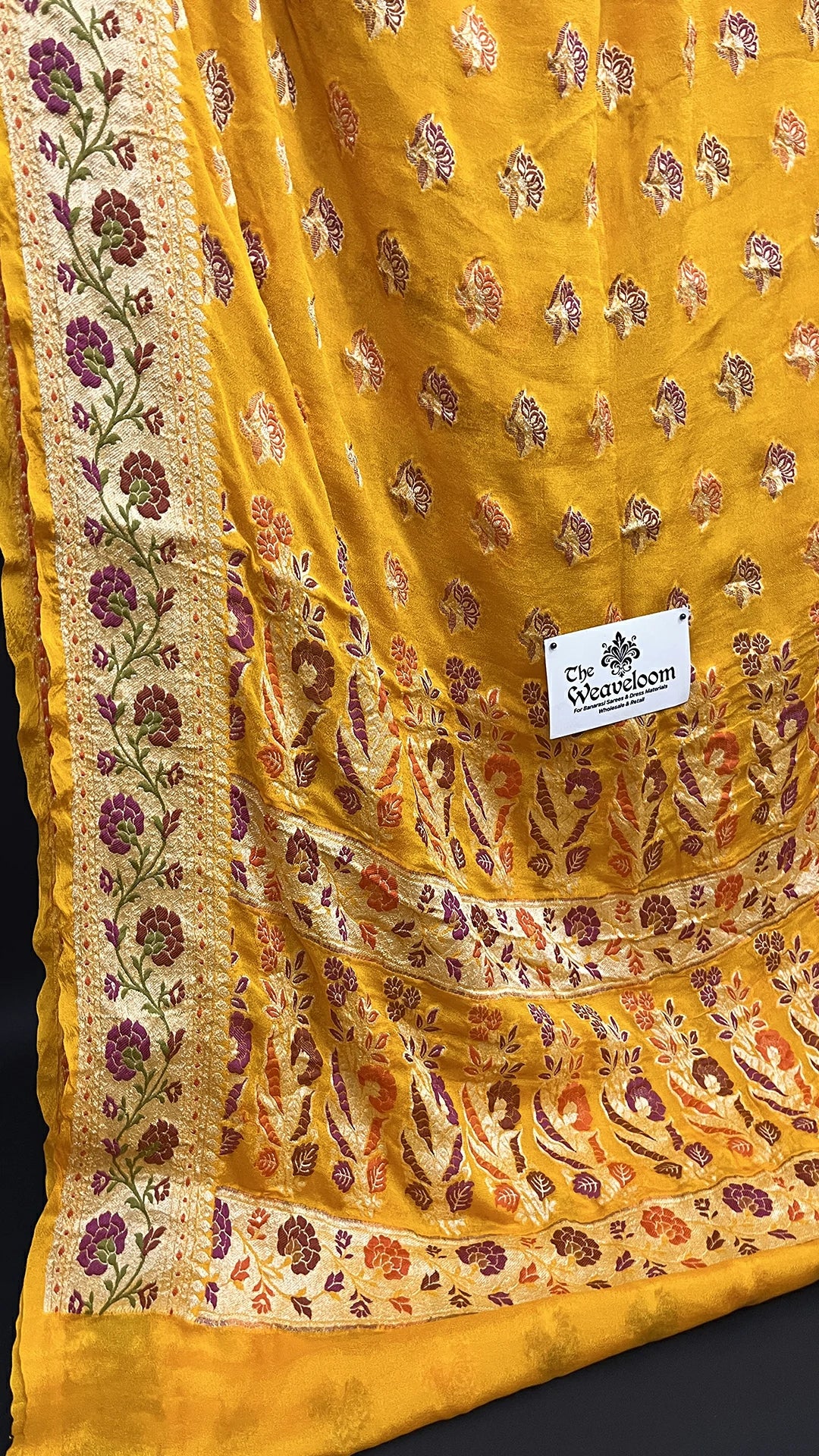 Mustard Meenakari Floral Pure Crepe Georgette Banarasi Saree with Golden Zari by The Weaveloom