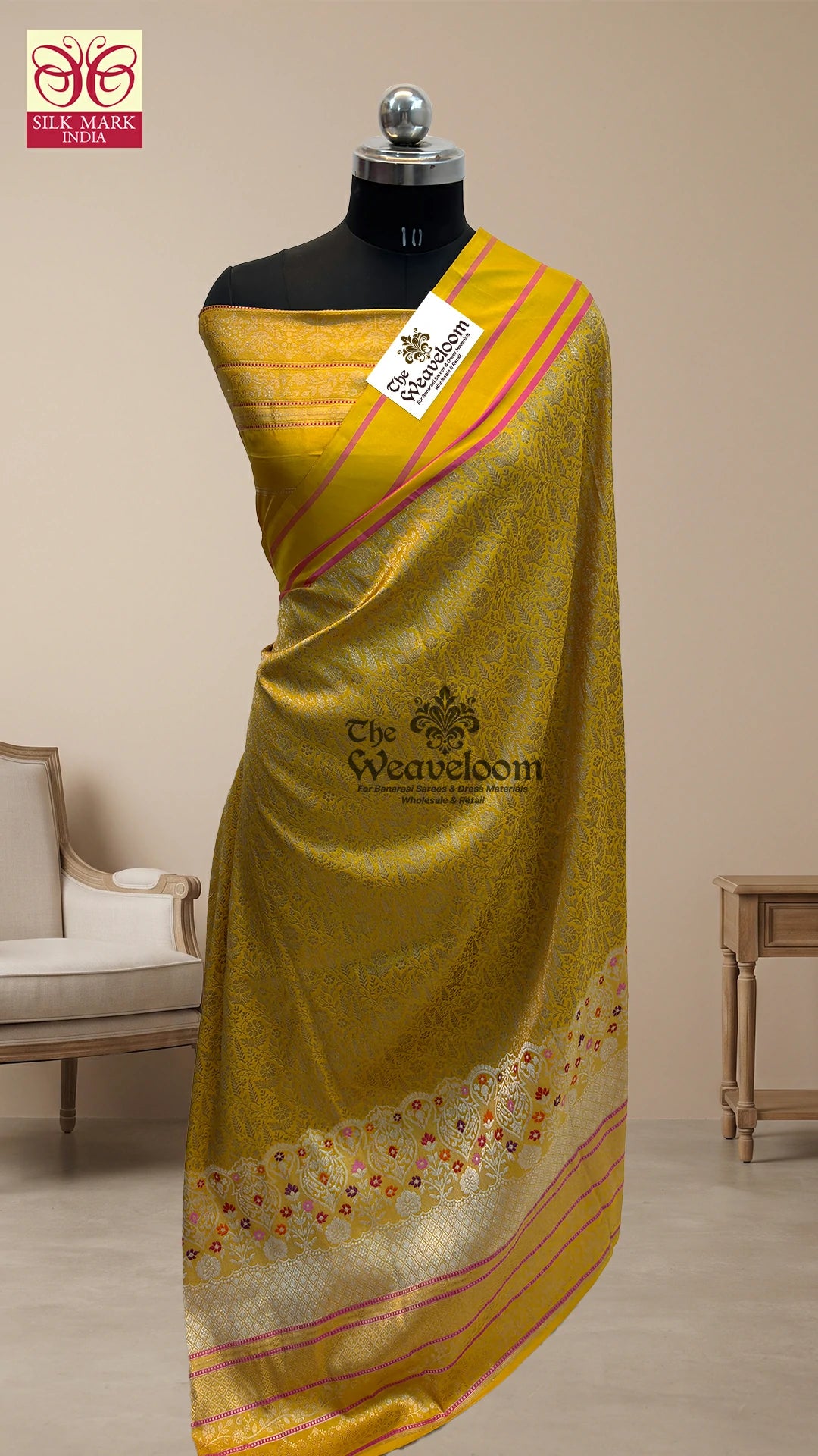 Mustard Meenakari Floral Jaal Katan Silk Handloom Pure Banarasi Saree by The Weaveloom