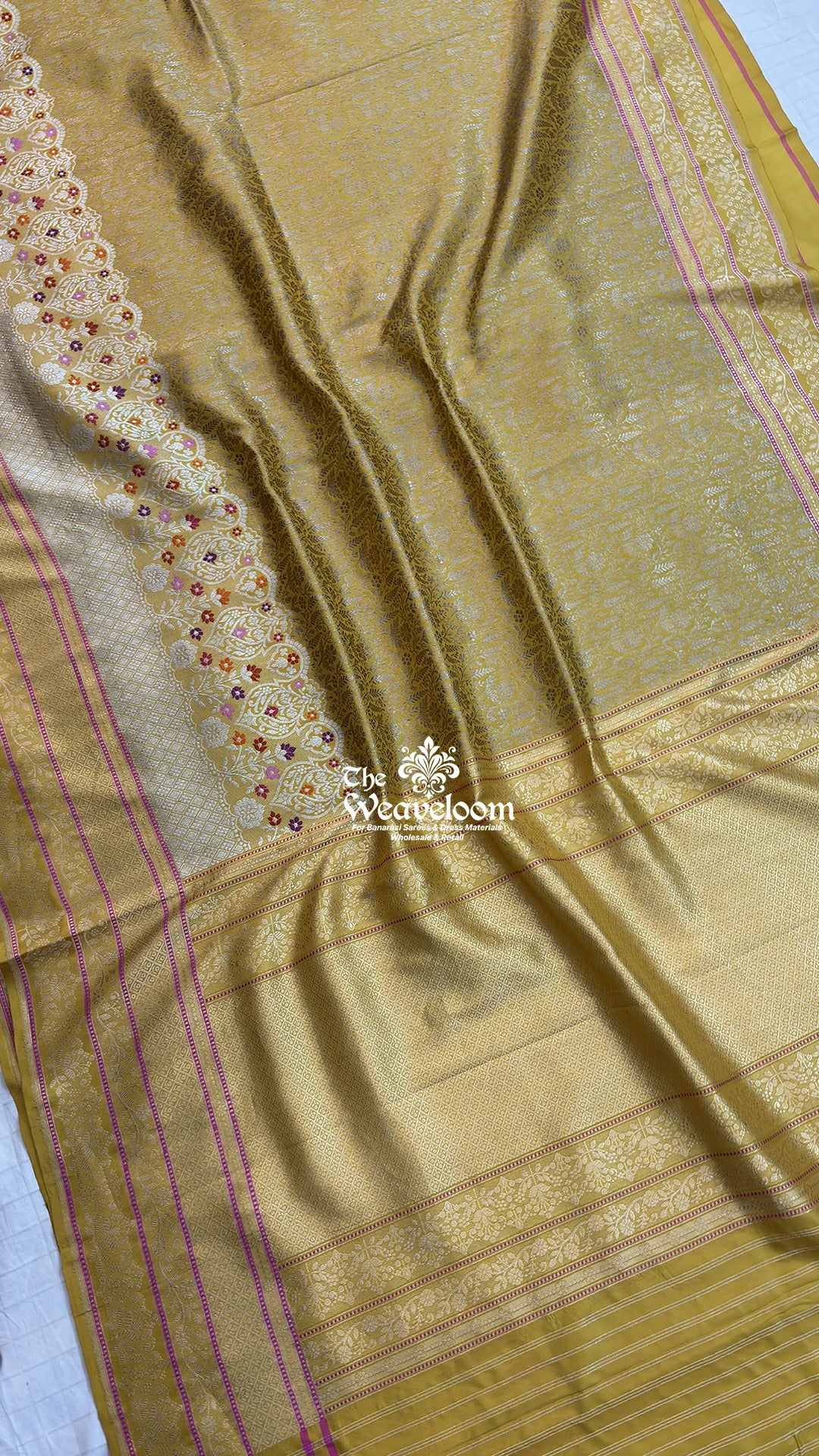 Mustard Meenakari Floral Jaal Katan Silk Handloom Pure Banarasi Saree by The Weaveloom