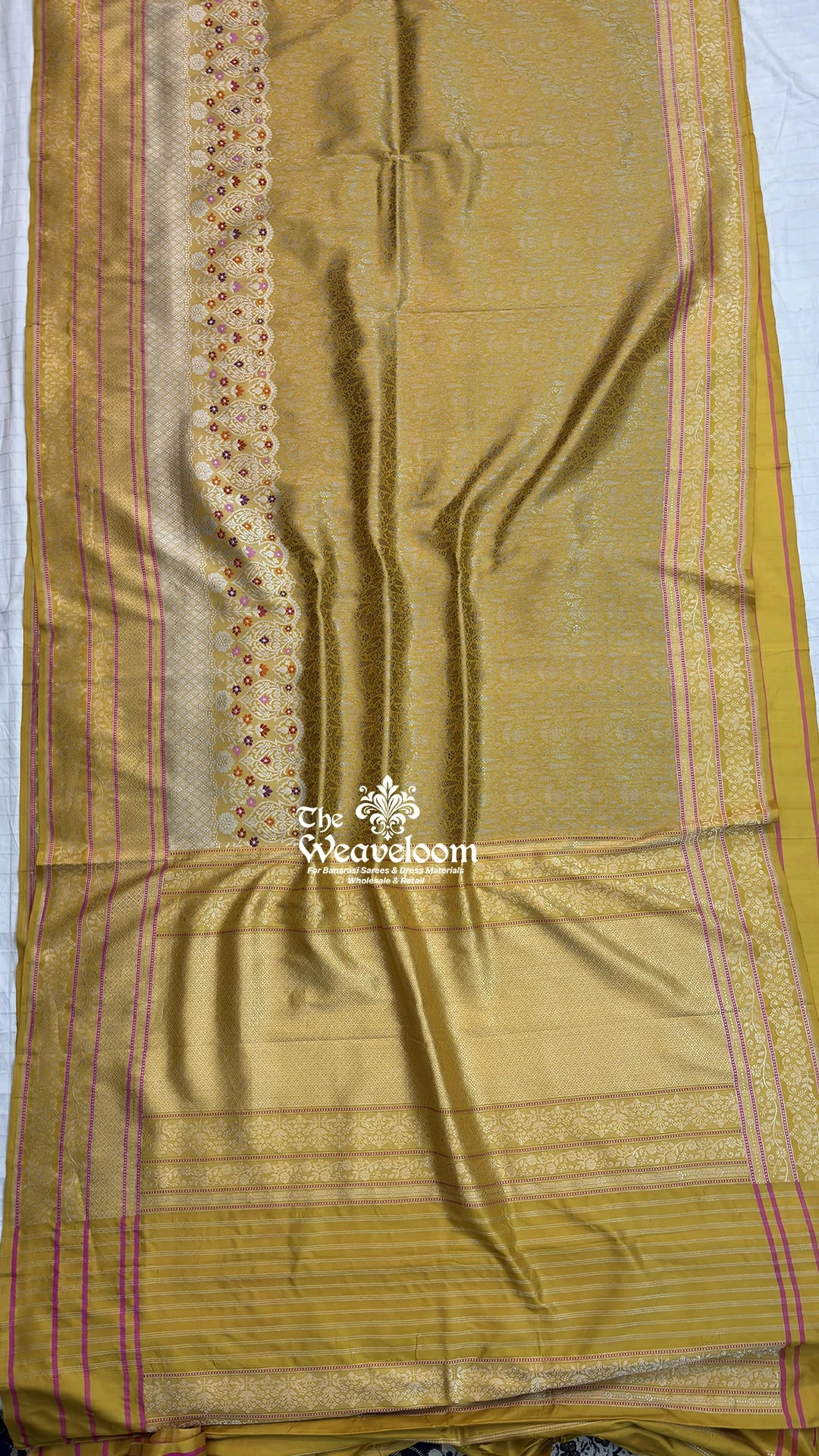 Mustard Meenakari Floral Jaal Katan Silk Handloom Pure Banarasi Saree by The Weaveloom