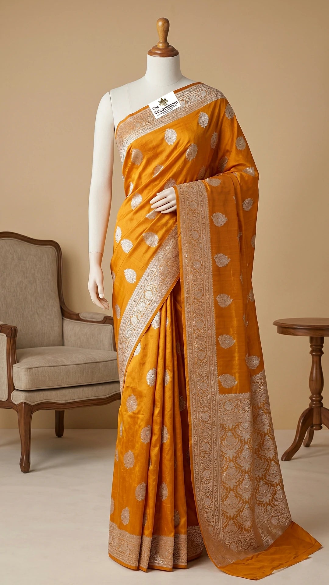 Mustard Pure Dupion Silk Banarasi Saree with Silver Buta & Meenakari Jaal Pallu