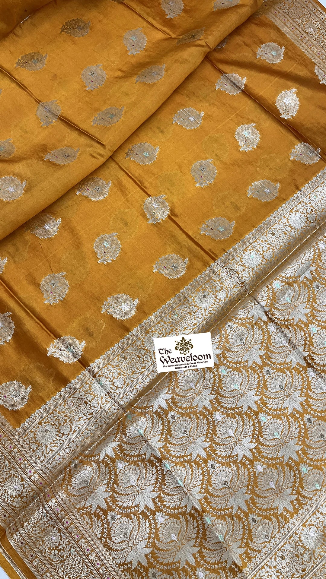 Mustard Pure Dupion Silk Banarasi Saree with Silver Buta & Meenakari Jaal Pallu