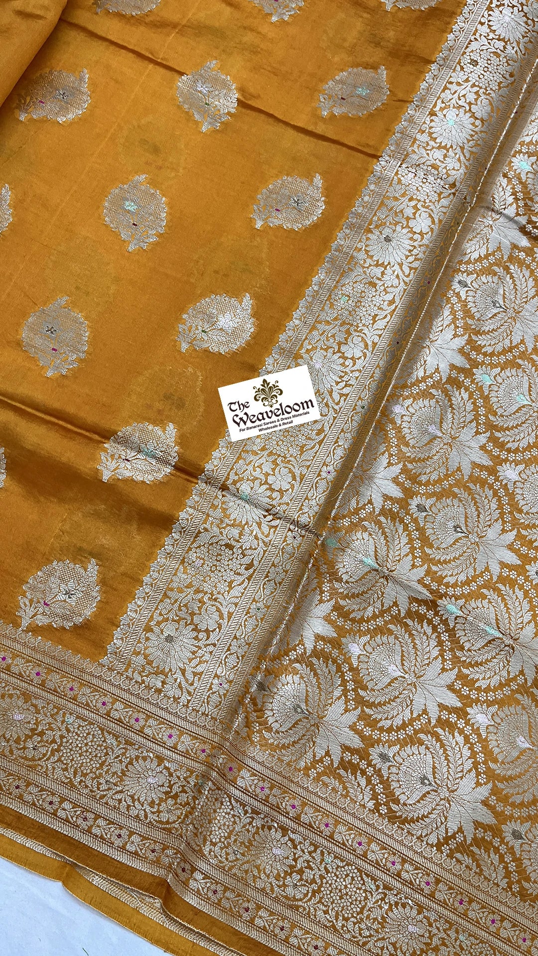 Mustard Pure Dupion Silk Banarasi Saree with Silver Buta & Meenakari Jaal Pallu