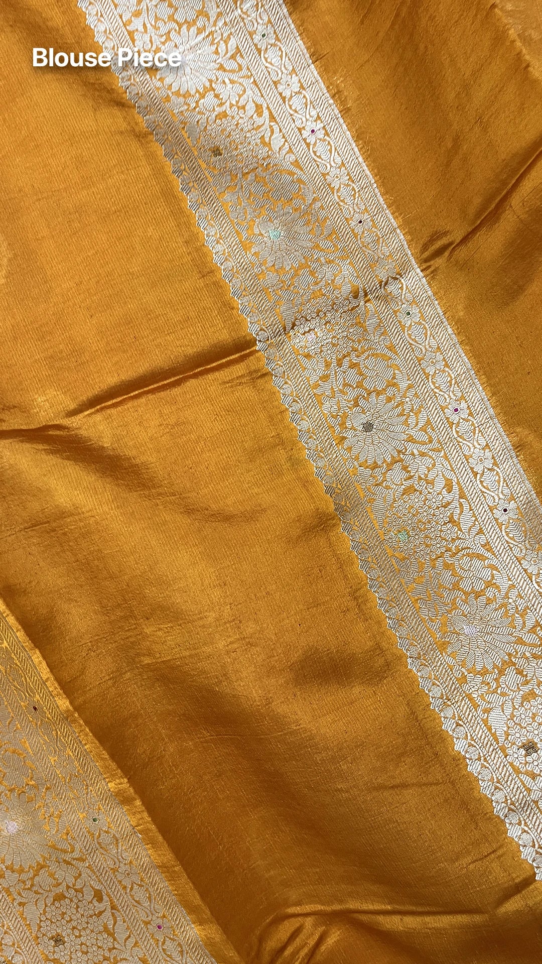 Mustard Pure Dupion Silk Banarasi Saree with Silver Buta & Meenakari Jaal Pallu