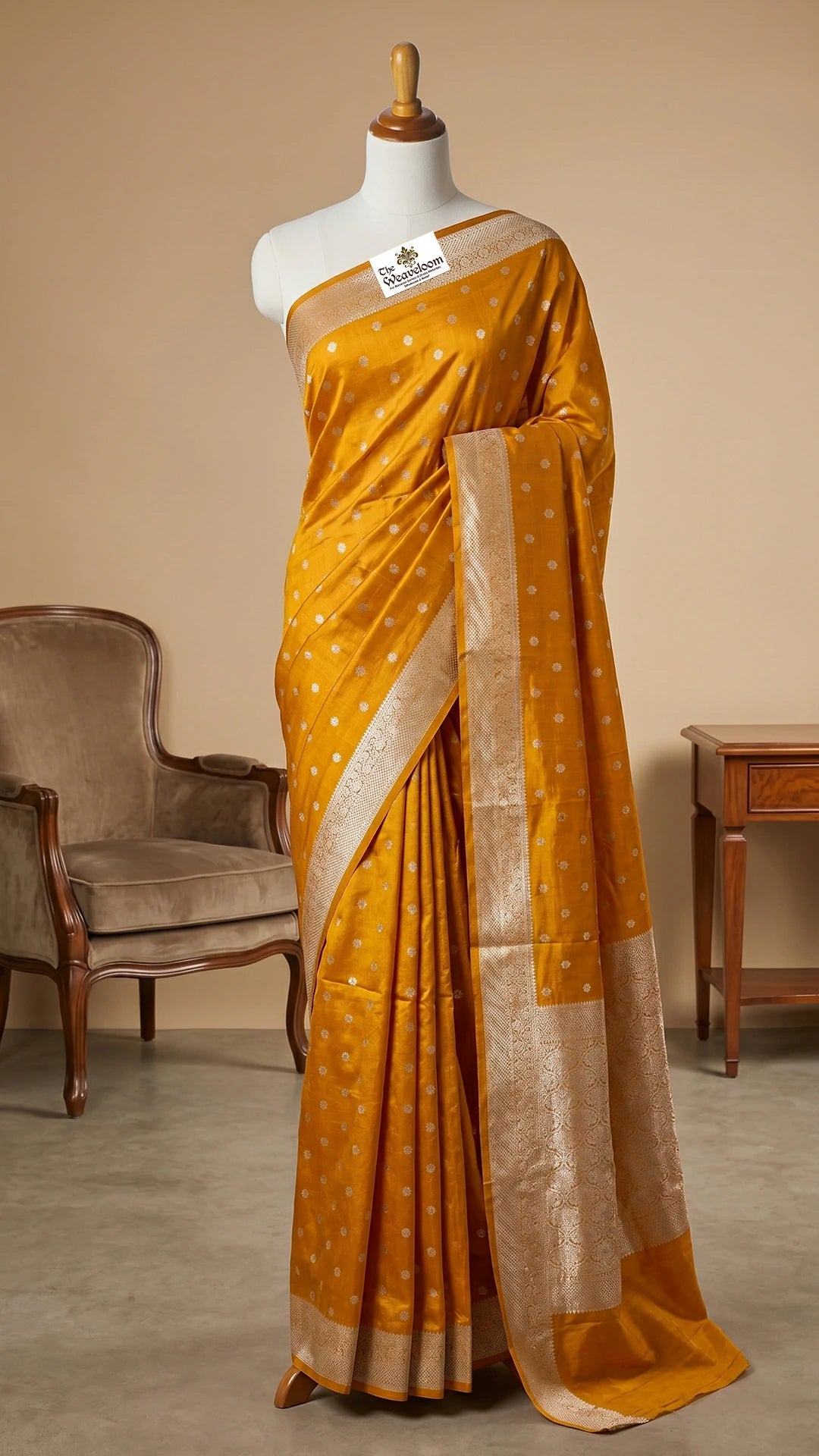 Mustard Pure Dupion Silk Banarasi Saree with silver booti and ivory brocade pallu by The Weaveloom