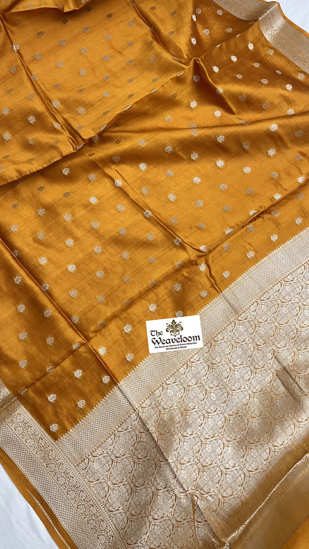 Mustard Pure Dupion Silk Banarasi Saree with silver booti and ivory brocade pallu by The Weaveloom