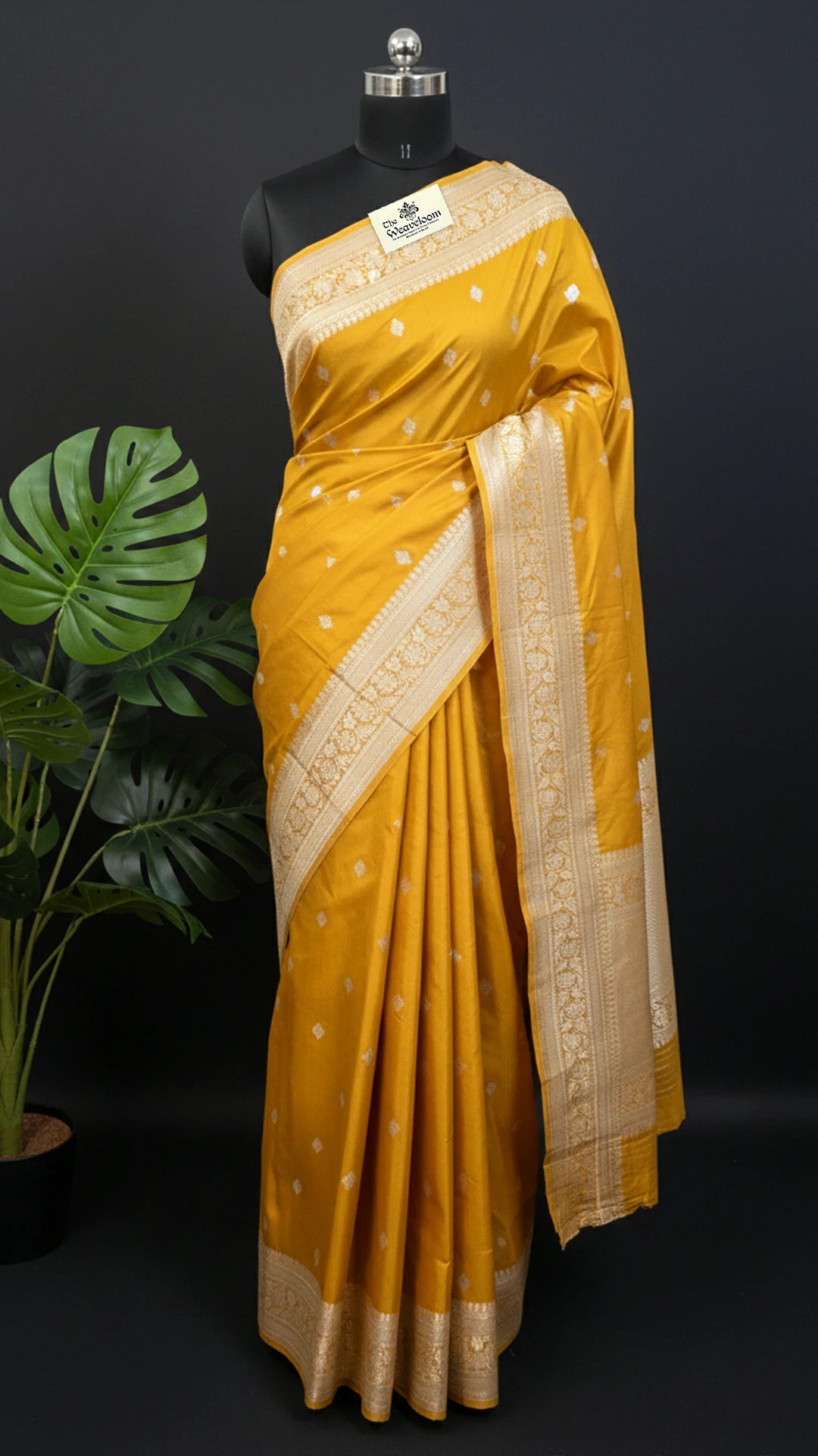 Mustard Yellow Katan Silk Pure Handloom Banarasi Saree with Zari Booti and Broad Border by The Weaveloom