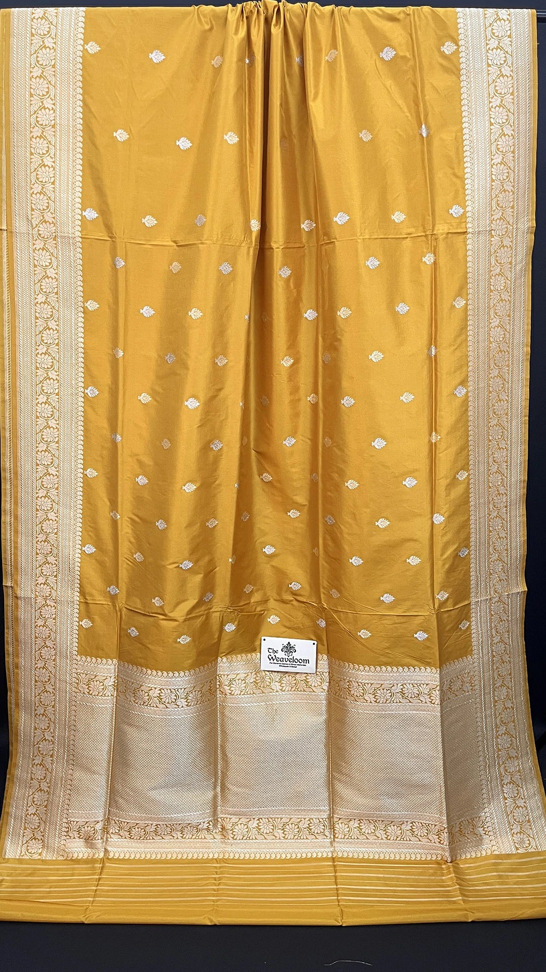 Mustard Yellow Katan Silk Pure Handloom Banarasi Saree with Zari Booti and Broad Border by The Weaveloom