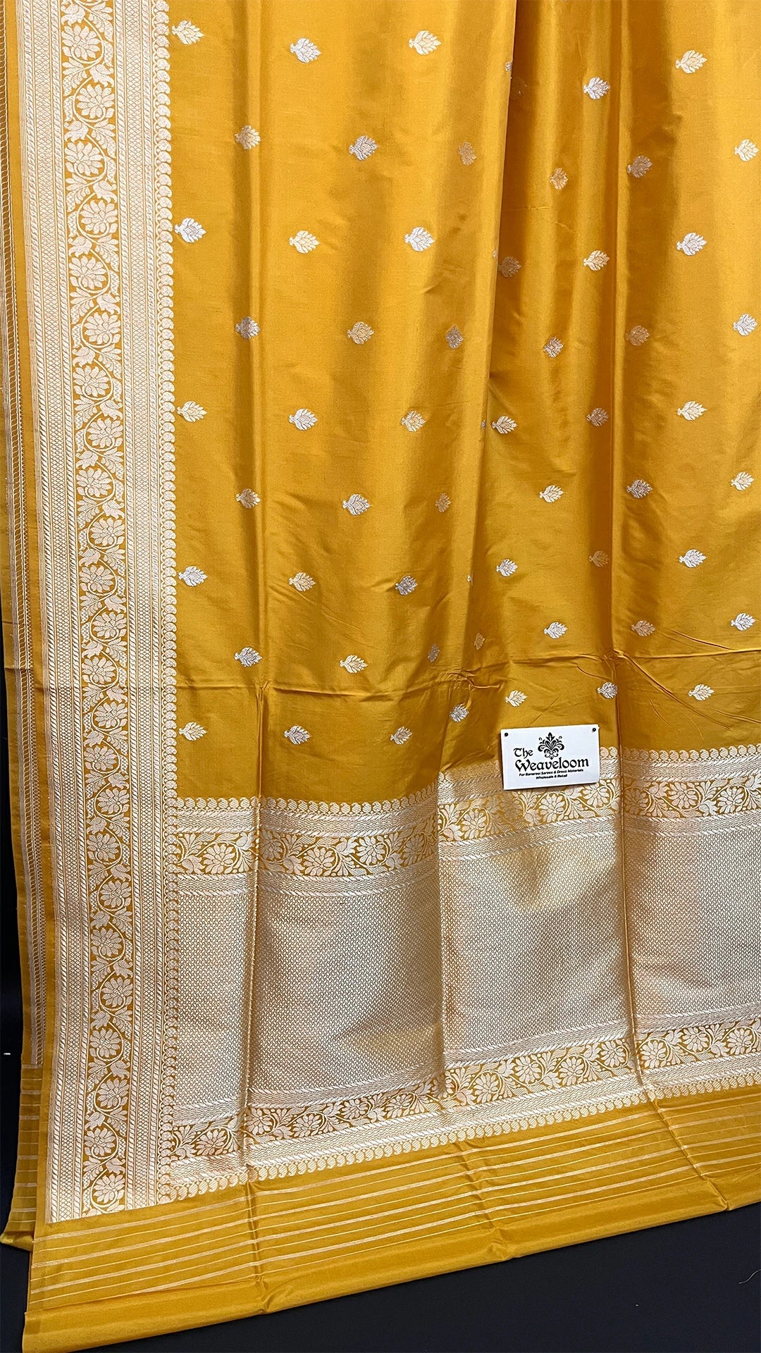 Mustard Yellow Katan Silk Pure Handloom Banarasi Saree with Zari Booti and Broad Border by The Weaveloom