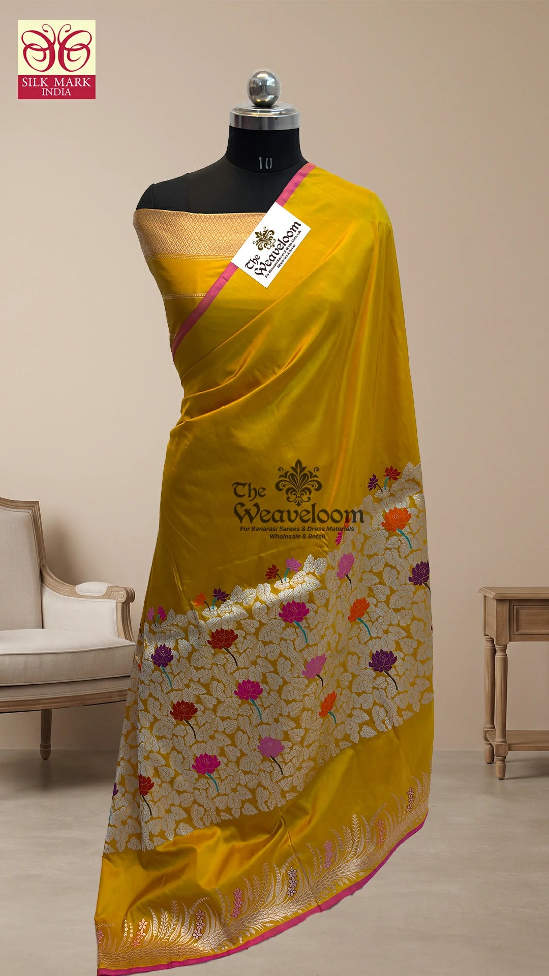 Mustard Yellow Meenakari Floral Leaf Jaal Katan Silk Handloom Pure Banarasi Saree by The Weaveloom