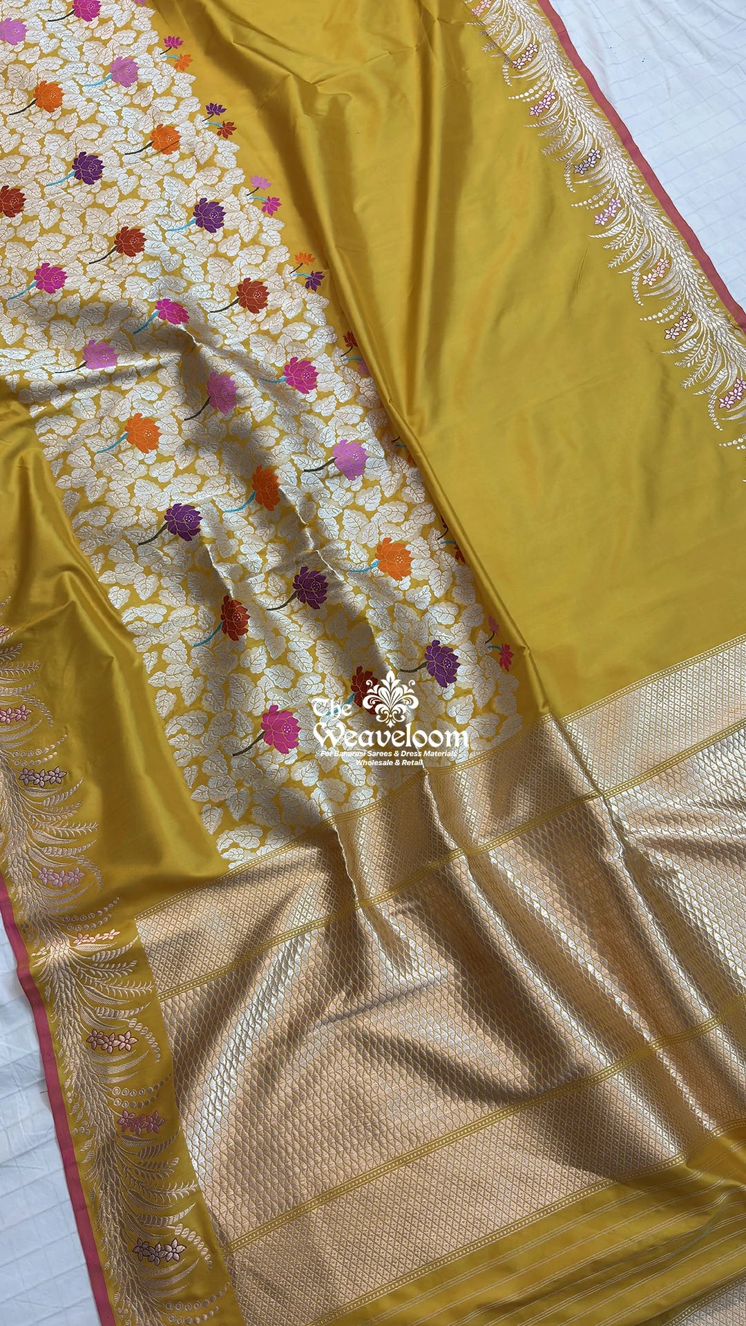 Mustard Yellow Meenakari Floral Leaf Jaal Katan Silk Handloom Pure Banarasi Saree by The Weaveloom