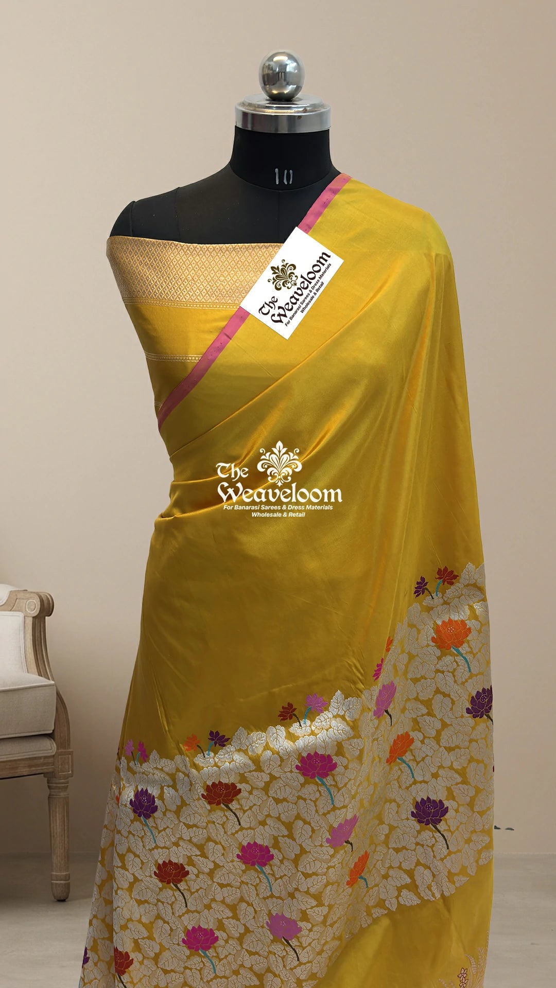 Mustard Yellow Meenakari Floral Leaf Jaal Katan Silk Handloom Pure Banarasi Saree by The Weaveloom