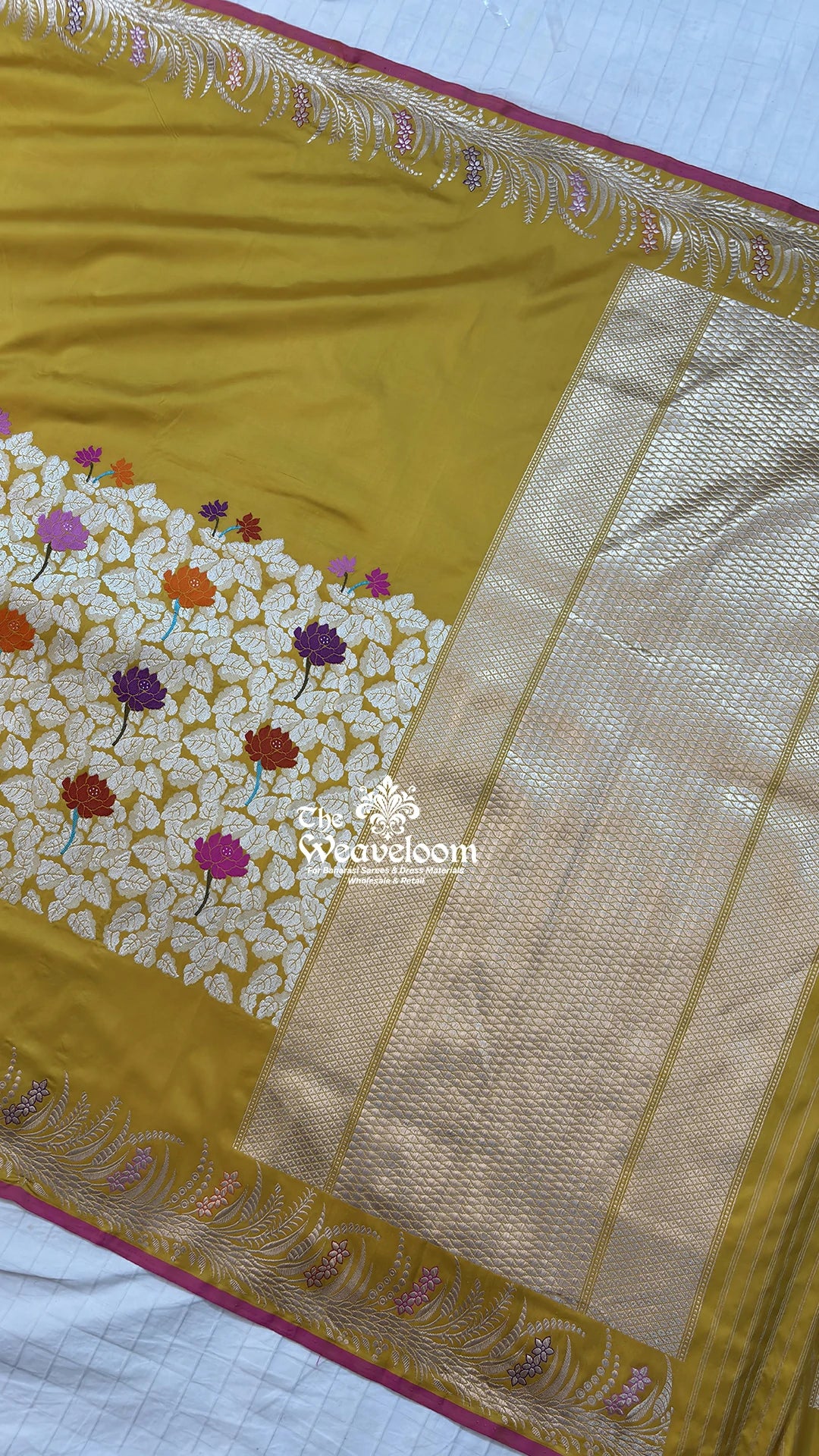Mustard Yellow Meenakari Floral Leaf Jaal Katan Silk Handloom Pure Banarasi Saree by The Weaveloom