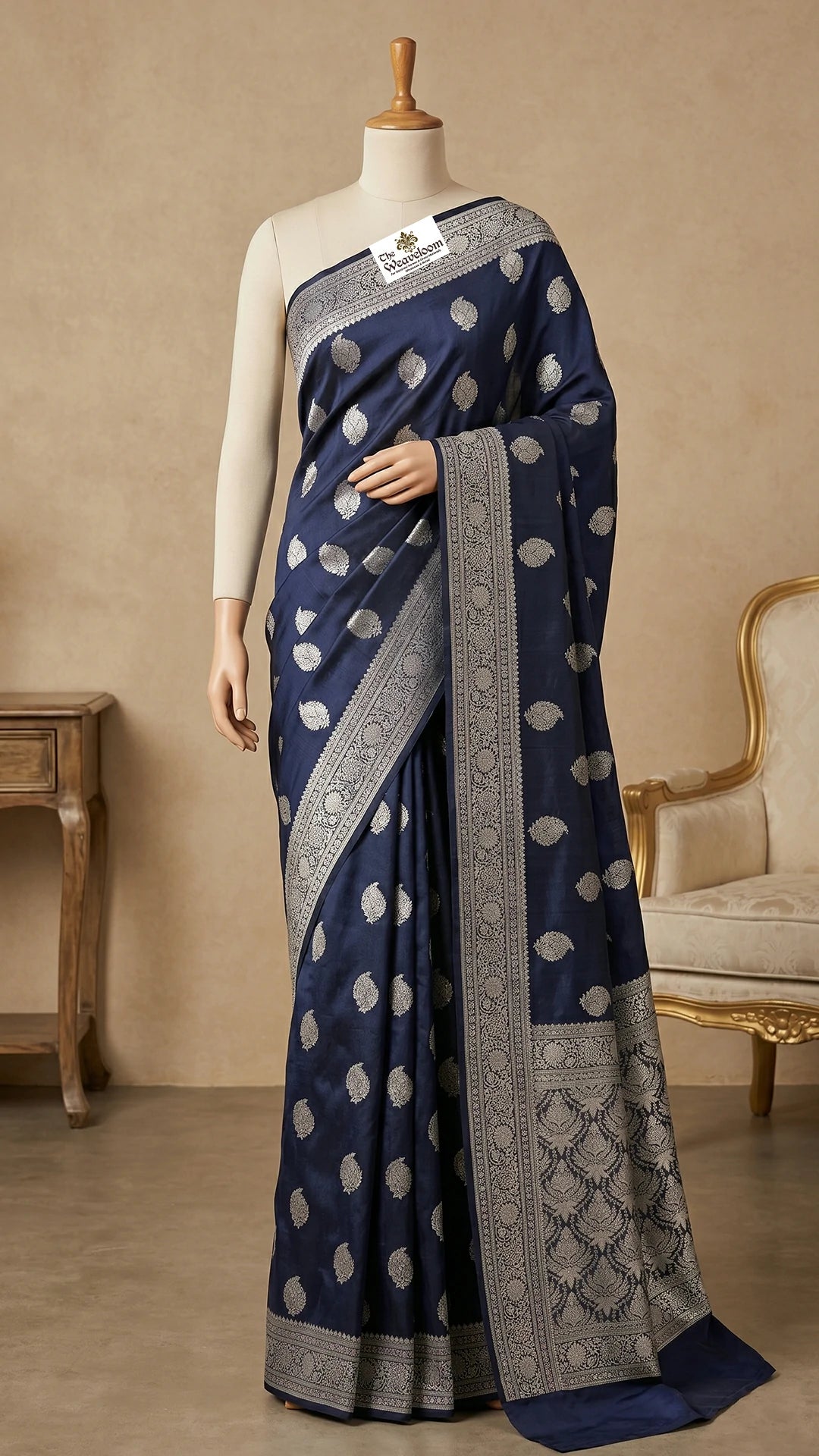 Navy Blue Dupion Silk Banarasi Saree with Silver Floral Butti and Jaal Pallu by The Weaveloom