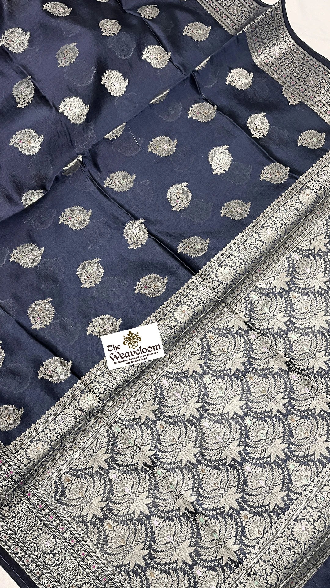 Navy Blue Dupion Silk Banarasi Saree with Silver Floral Butti and Jaal Pallu by The Weaveloom