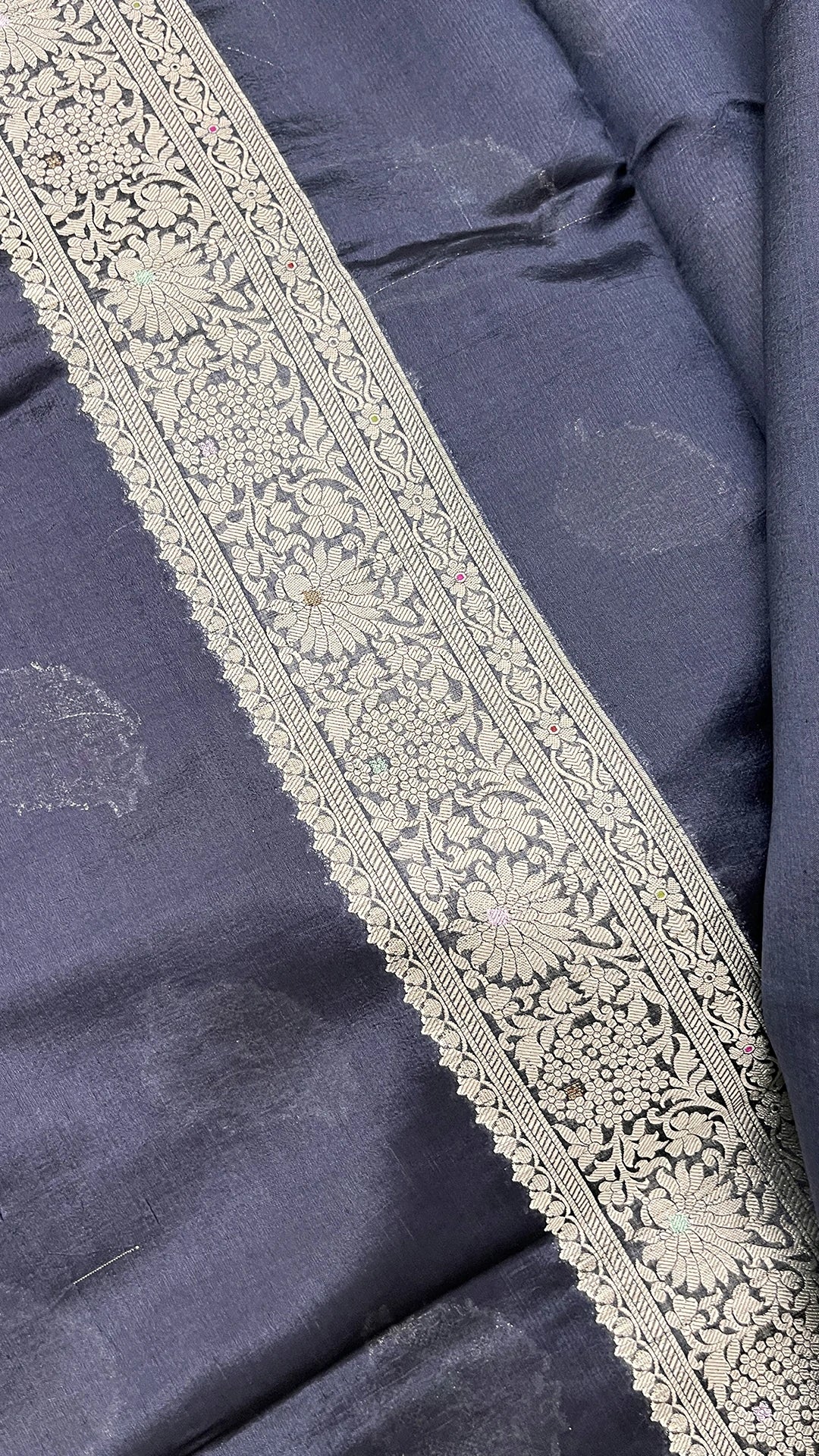 Navy Blue Dupion Silk Banarasi Saree with Silver Floral Butti and Jaal Pallu by The Weaveloom