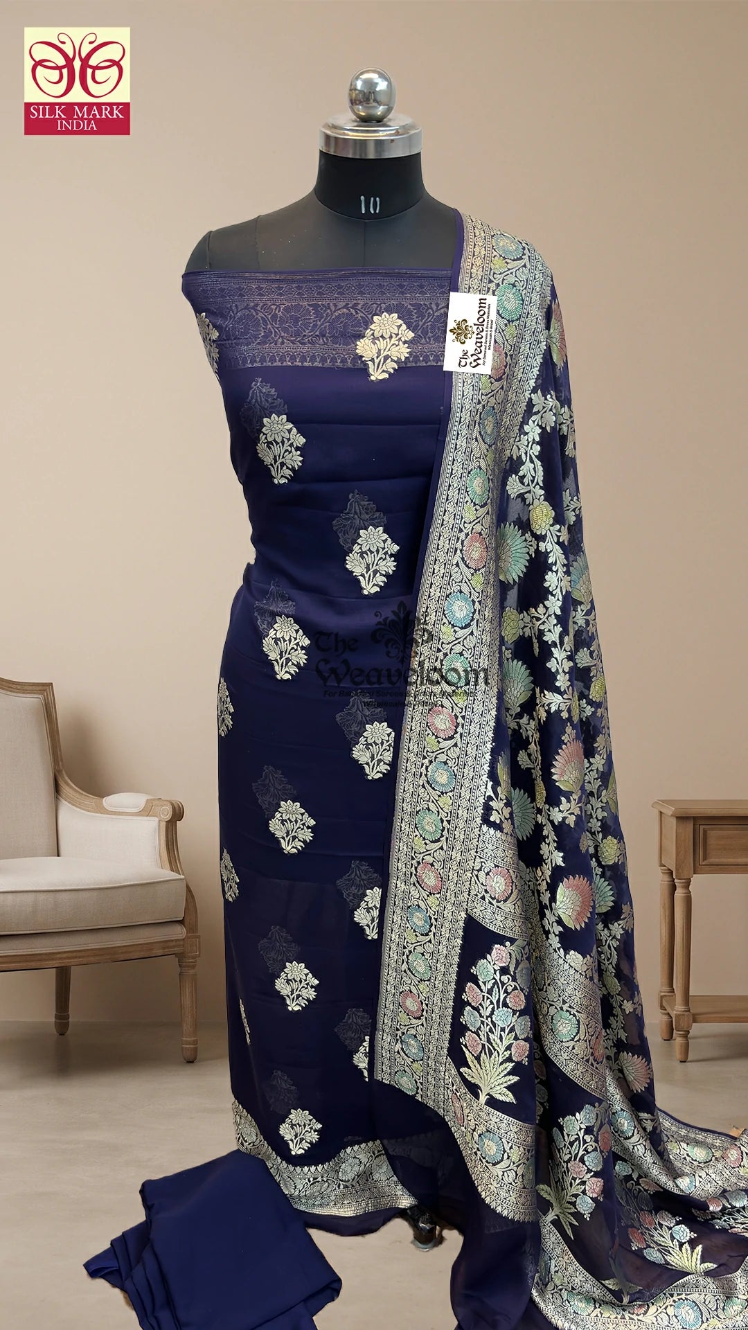 The Weaveloom navy blue floral buta Khaddi Georgette pure Banarasi dress material with handbrush work