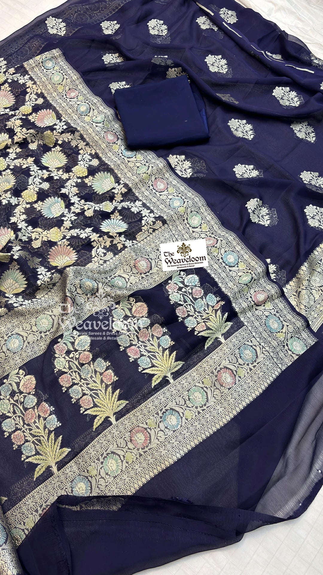 The Weaveloom navy blue floral buta Khaddi Georgette pure Banarasi dress material with handbrush work