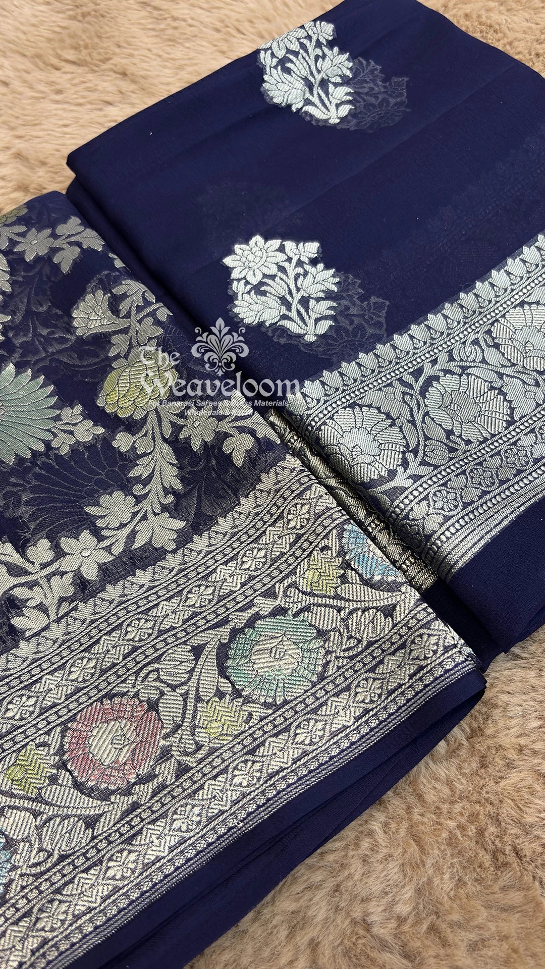 The Weaveloom navy blue floral buta Khaddi Georgette pure Banarasi dress material with handbrush work