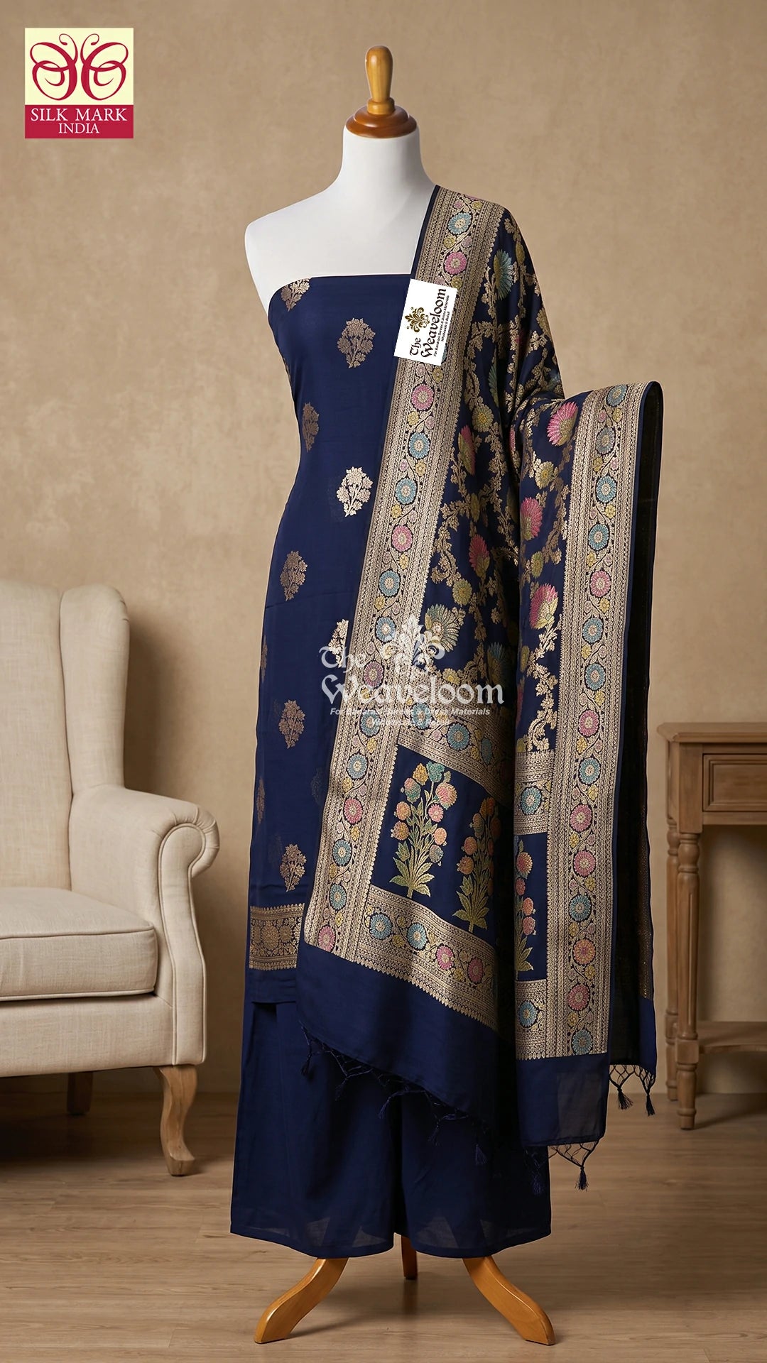 Navy blue floral buti Khaddi Georgette Pure Banarasi dress material with Water Zari dupatta by The Weaveloom
