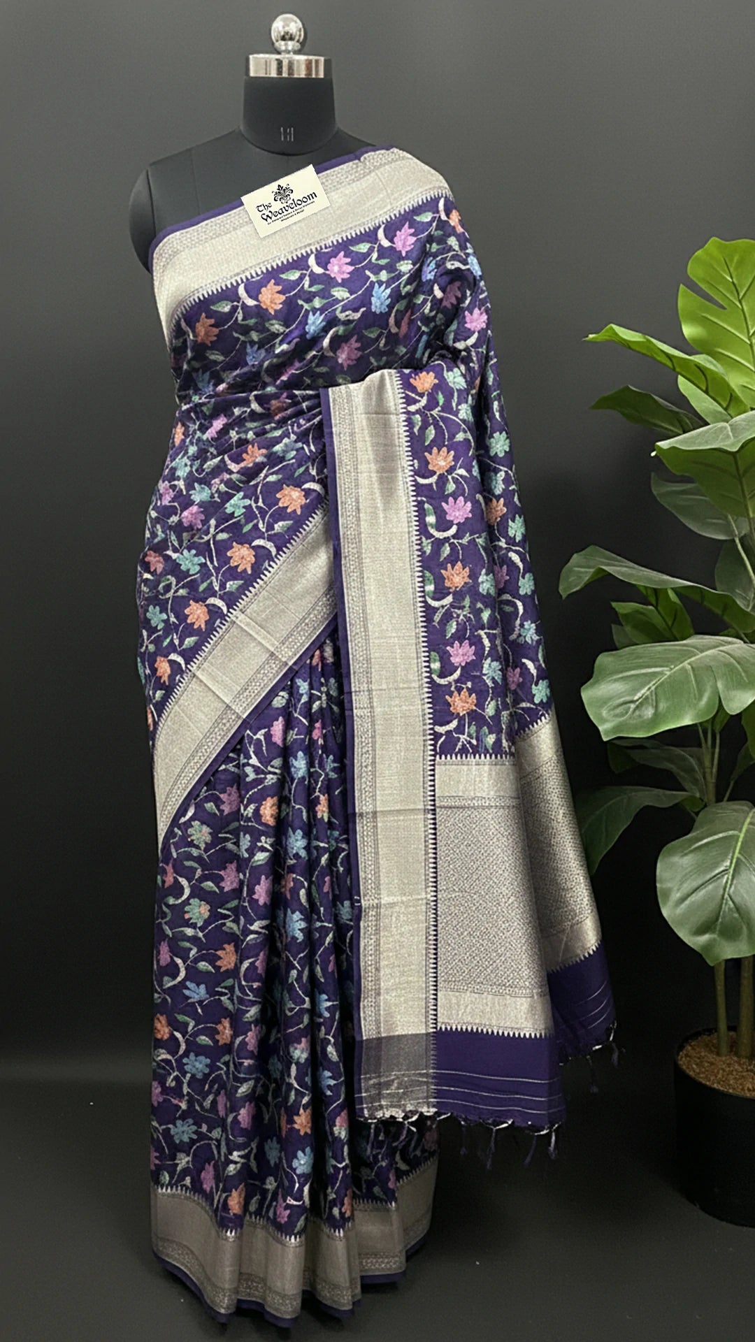 Navy Blue Floral Jaal Munga Silk Pure Banarasi Saree with Meenakari Border by The Weaveloom