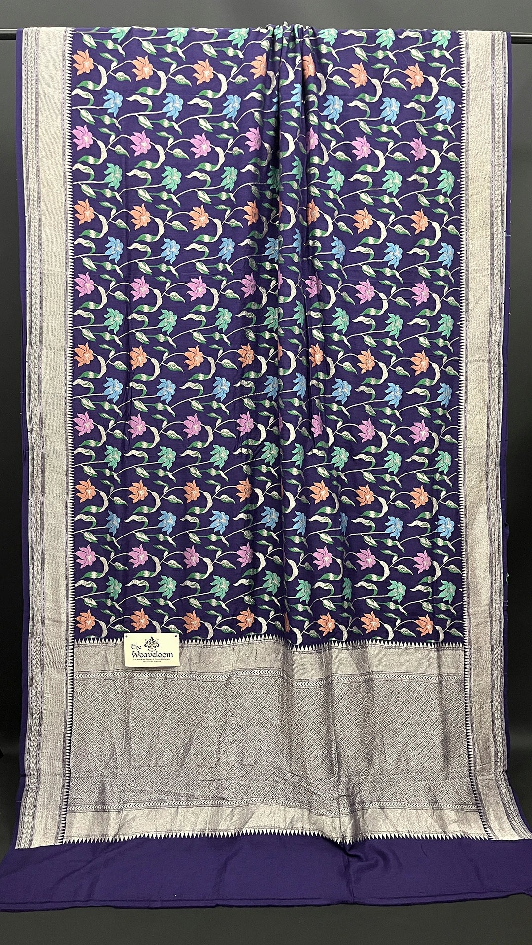 Navy Blue Floral Jaal Munga Silk Pure Banarasi Saree with Meenakari Border by The Weaveloom