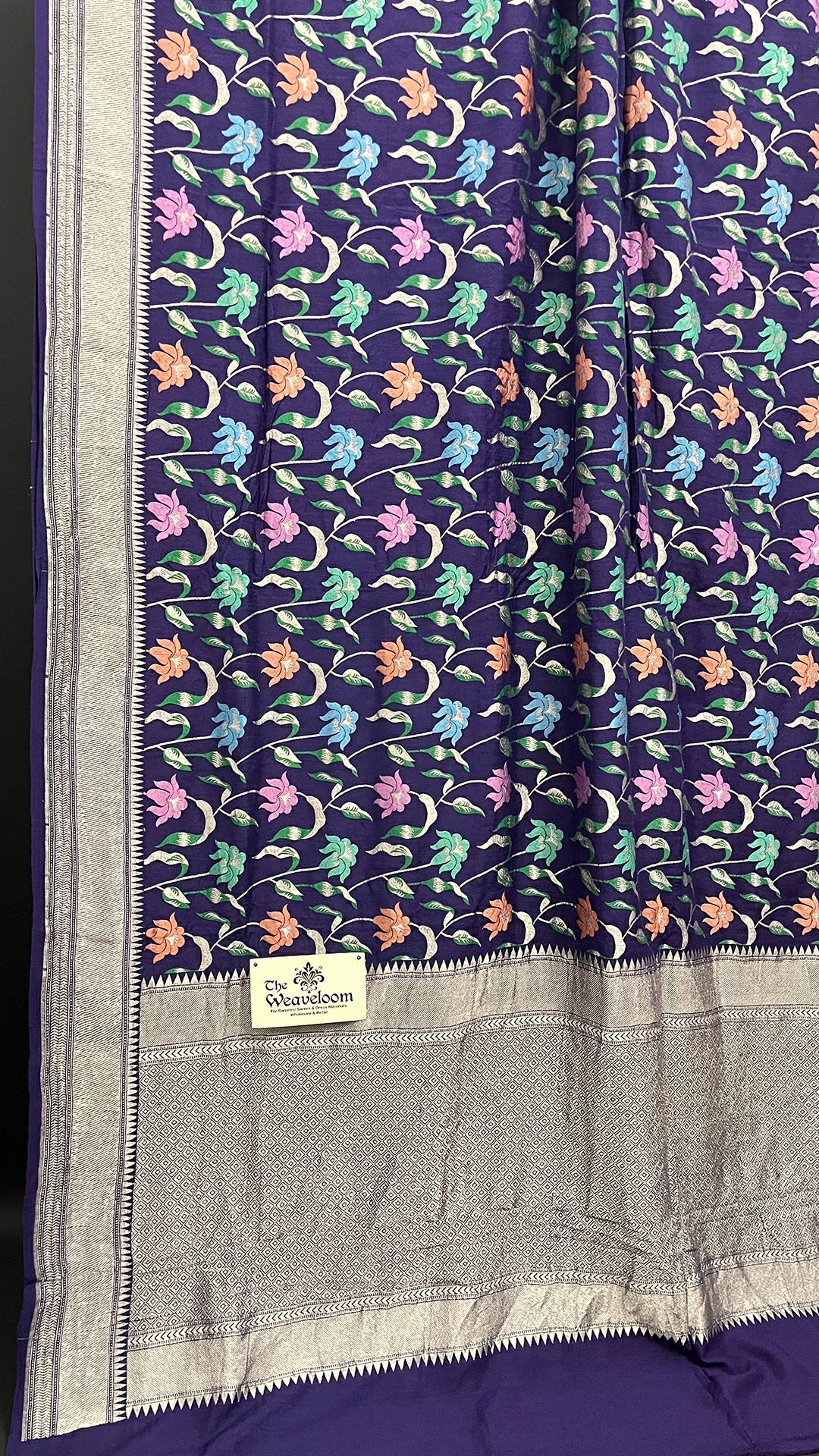 Navy Blue Floral Jaal Munga Silk Pure Banarasi Saree with Meenakari Border by The Weaveloom