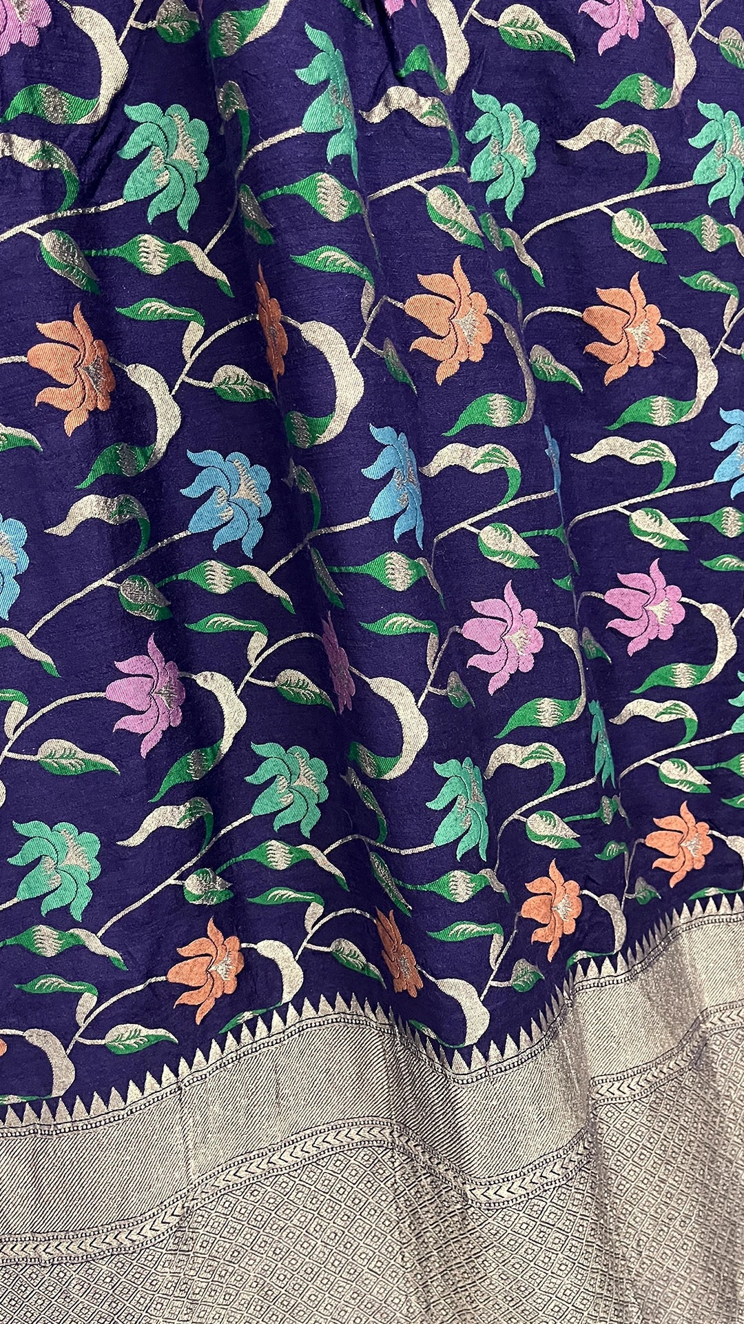 Navy Blue Floral Jaal Munga Silk Pure Banarasi Saree with Meenakari Border by The Weaveloom