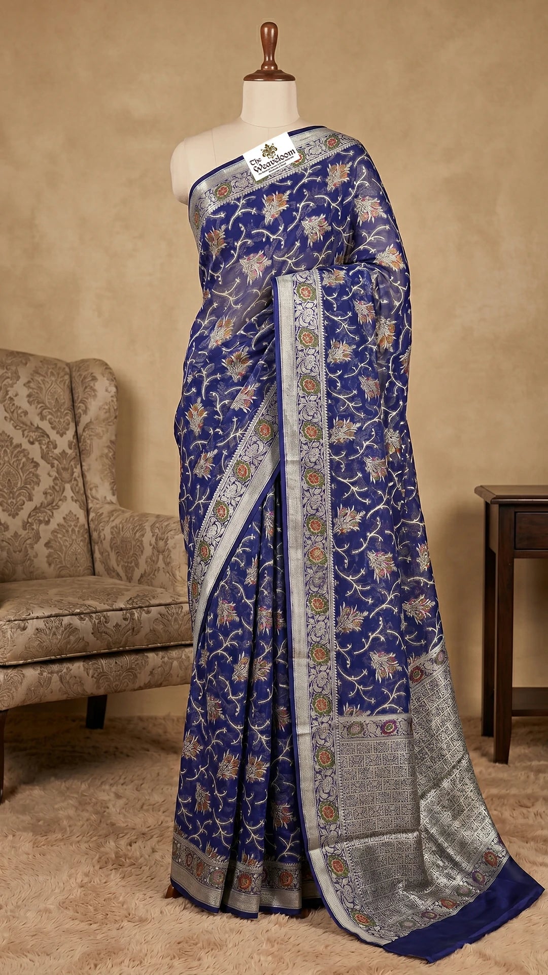Navy Blue Floral Khaddi Chiffon Pure Banarasi Saree with Meenakari by The Weaveloom
