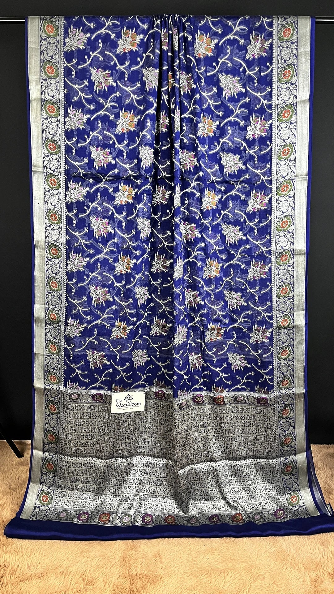 Navy Blue Floral Khaddi Chiffon Pure Banarasi Saree with Meenakari by The Weaveloom