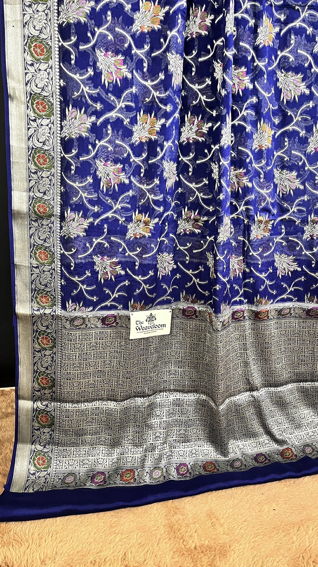 Navy Blue Floral Khaddi Chiffon Pure Banarasi Saree with Meenakari by The Weaveloom