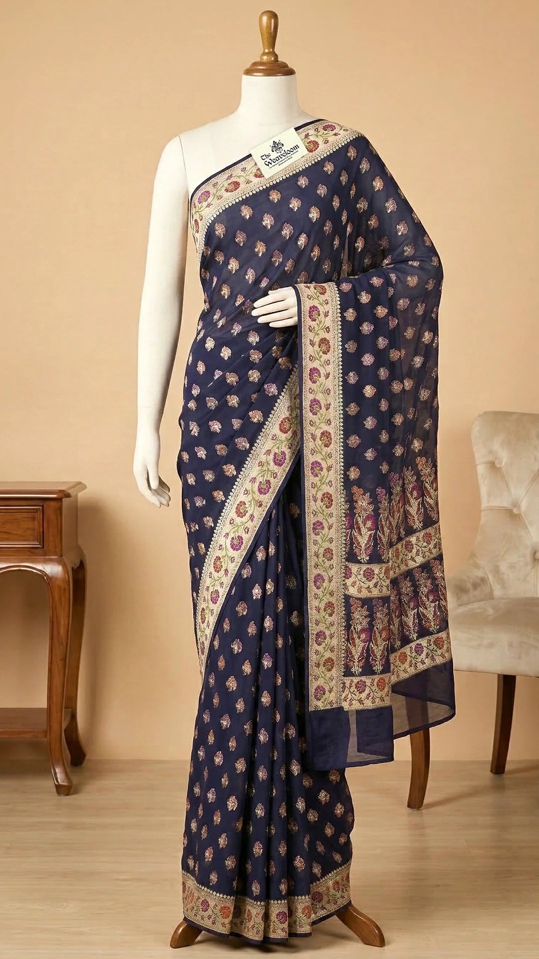 Navy Blue Floral Meenakari Crepe Georgette Pure Banarasi Saree With Zari Border The Weaveloom