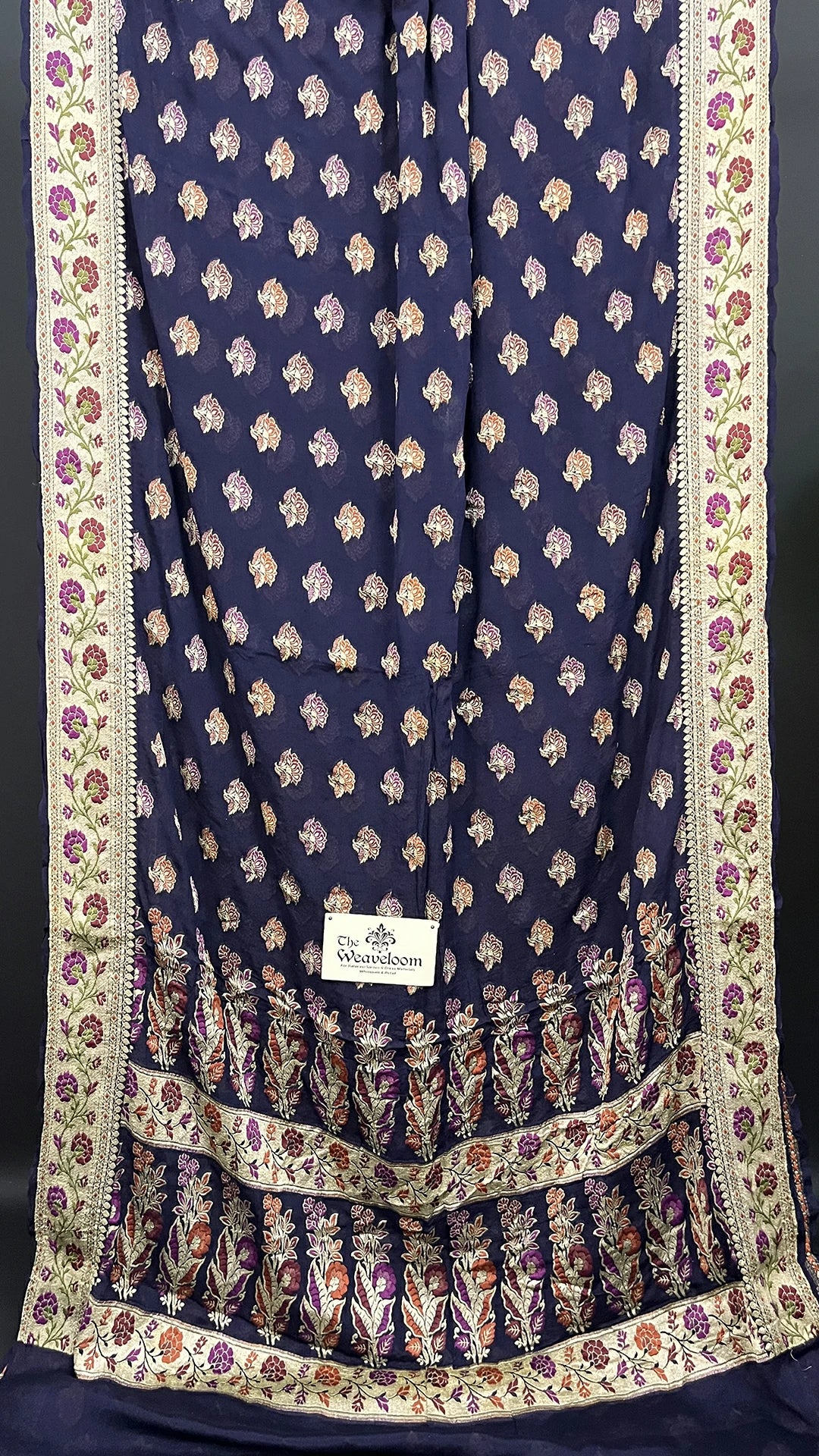 Navy Blue Floral Meenakari Crepe Georgette Pure Banarasi Saree With Zari Border The Weaveloom